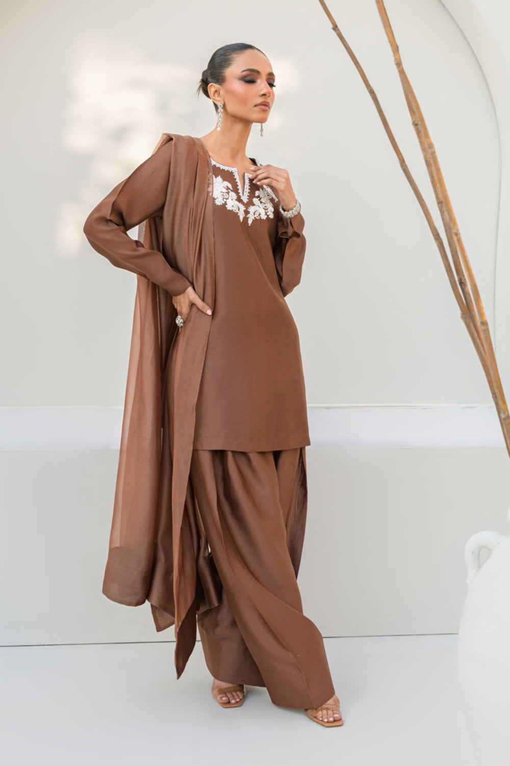 Women Mocha Brown Embroidered Silk Suit Set with Farshi Salwar