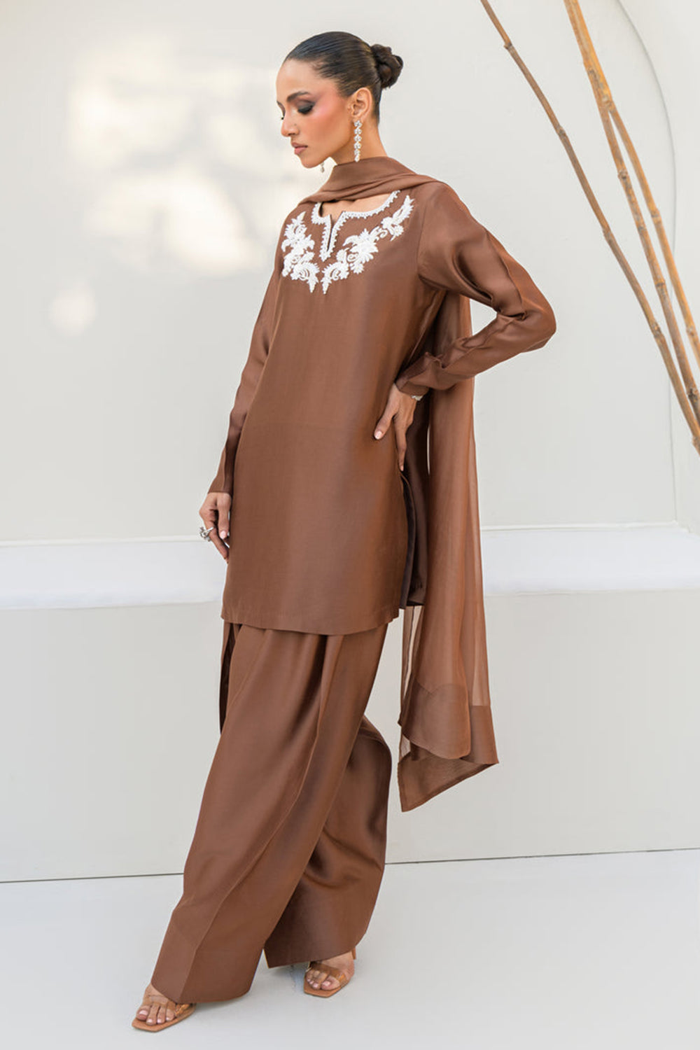 Women Mocha Brown Embroidered Silk Suit Set with Farshi Salwar