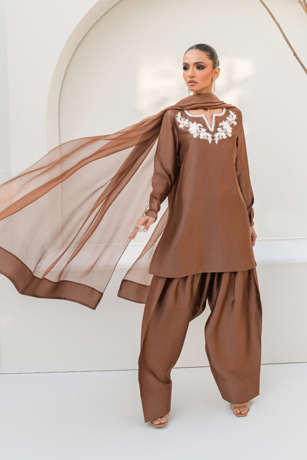 Women Mocha Brown Embroidered Silk Suit Set with Farshi Salwar
