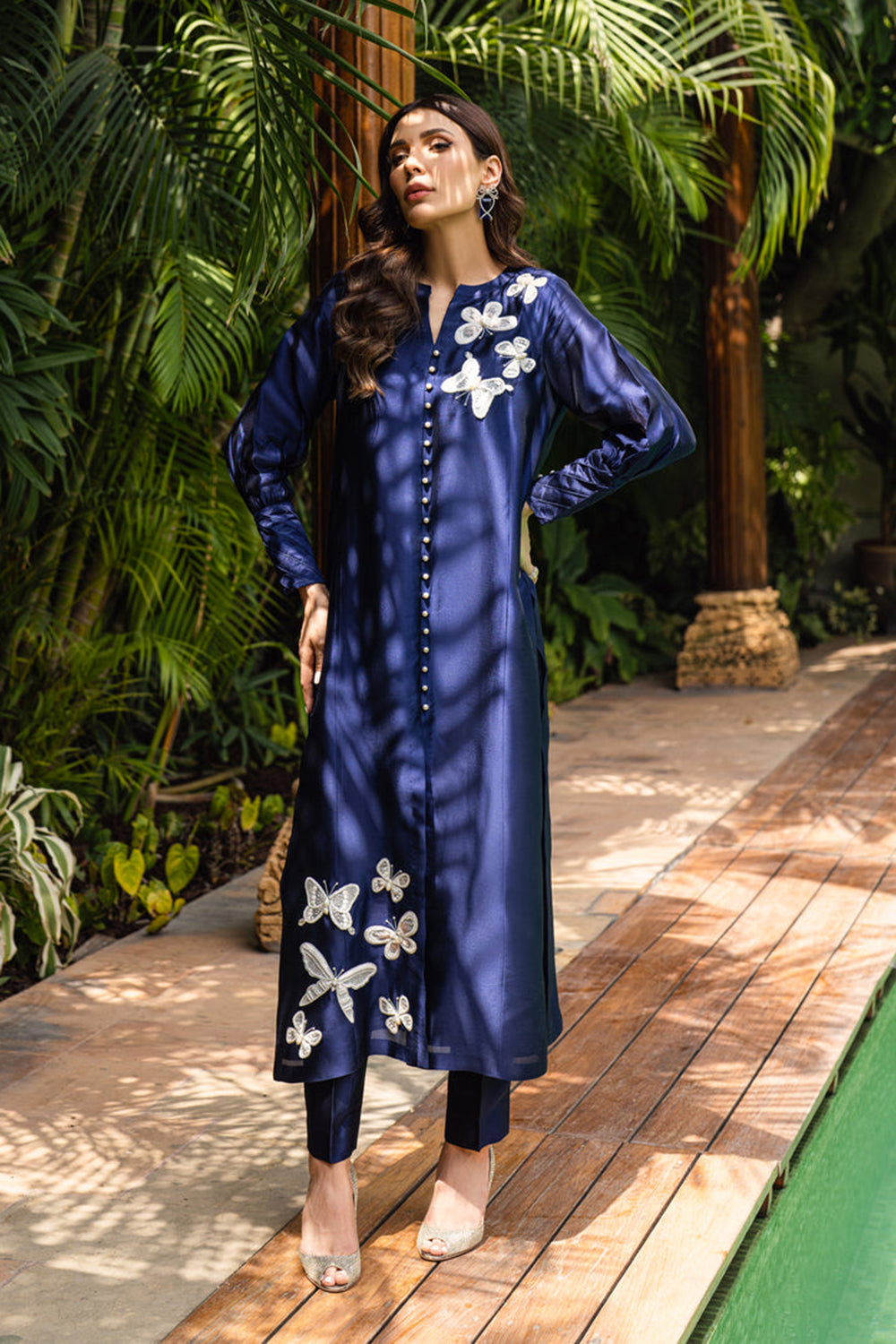 Women Navy Blue Embroidered Silk Suit Set