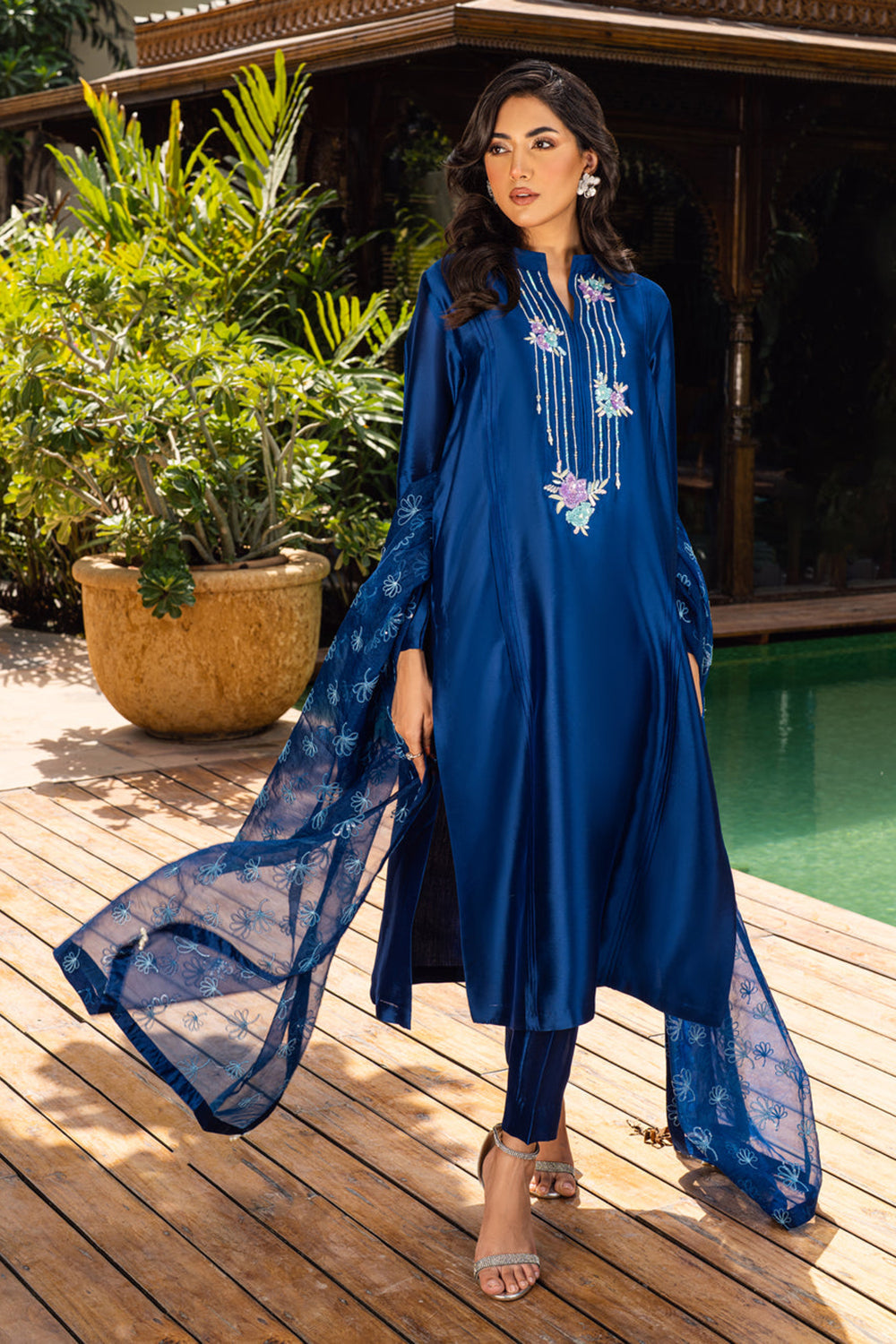 Women Royal Blue Embroidered Silk Suit Set
