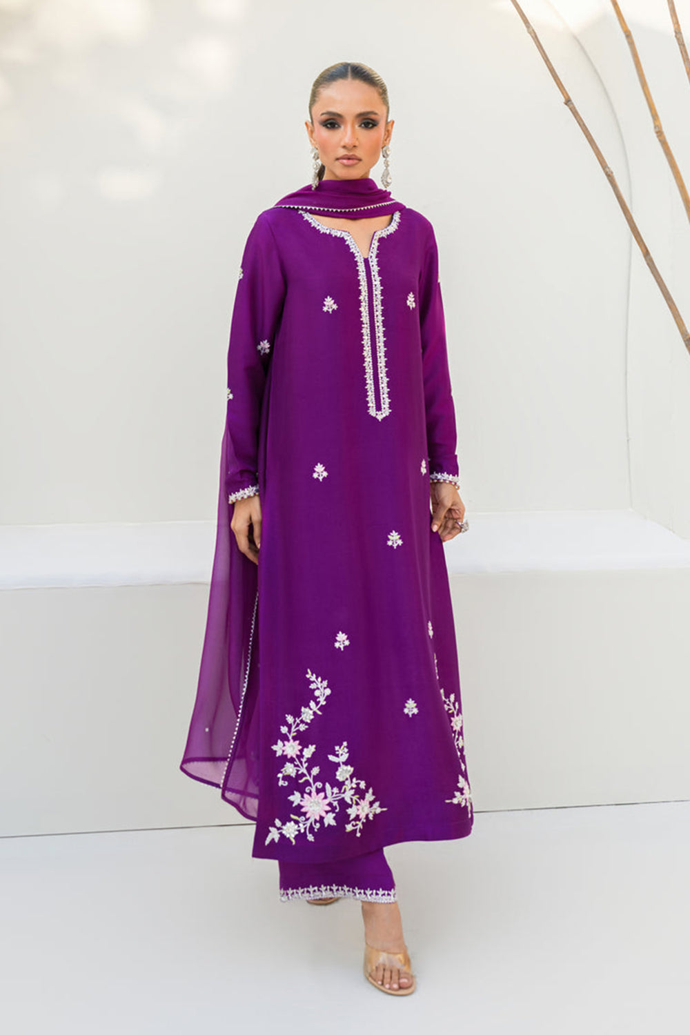 Women Royal Purple Embroidered Silk Suit Set with Palazzo