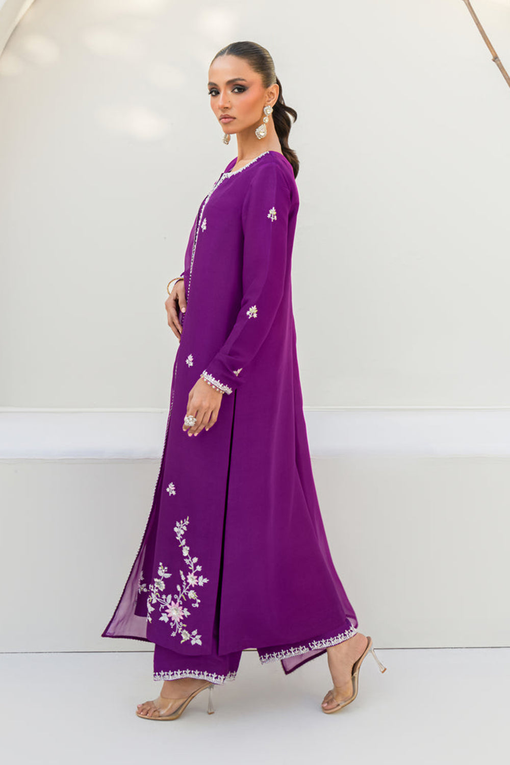 Women Royal Purple Embroidered Silk Suit Set with Palazzo
