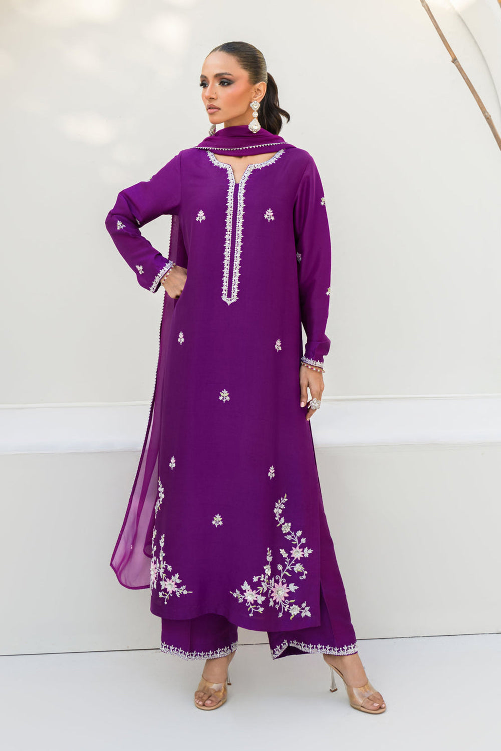 Women Royal Purple Embroidered Silk Suit Set with Palazzo