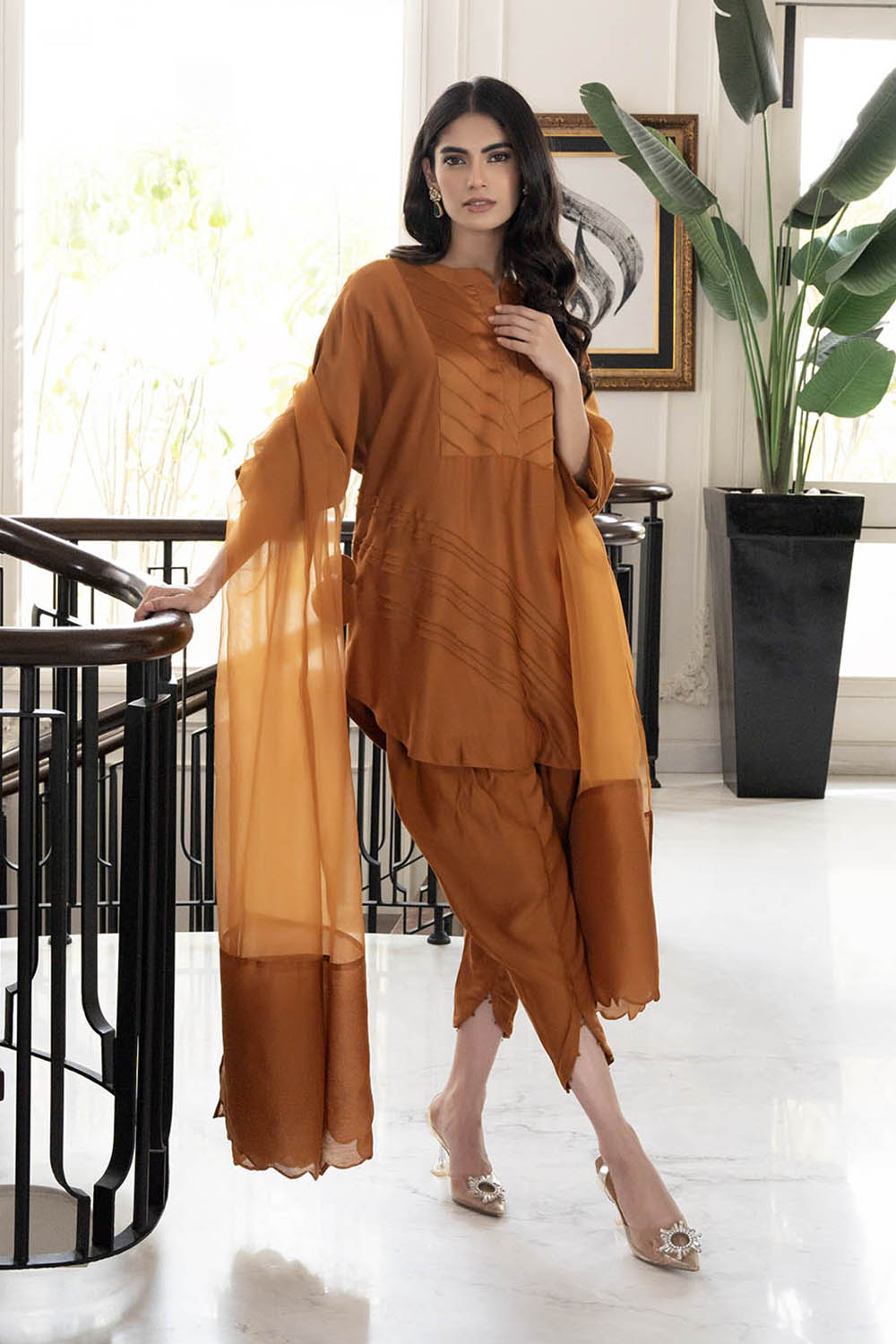 Women Rust Brown Glace Cotton/Cotton Silk Suit Set