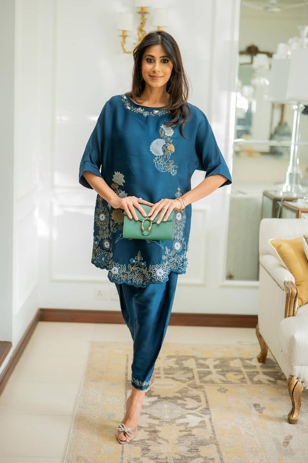 Women Teal Blue Embroidered Co-ord Set with Tulip Pants