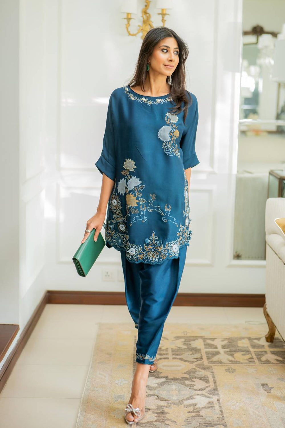 Women Teal Blue Embroidered Co-ord Set with Tulip Pants