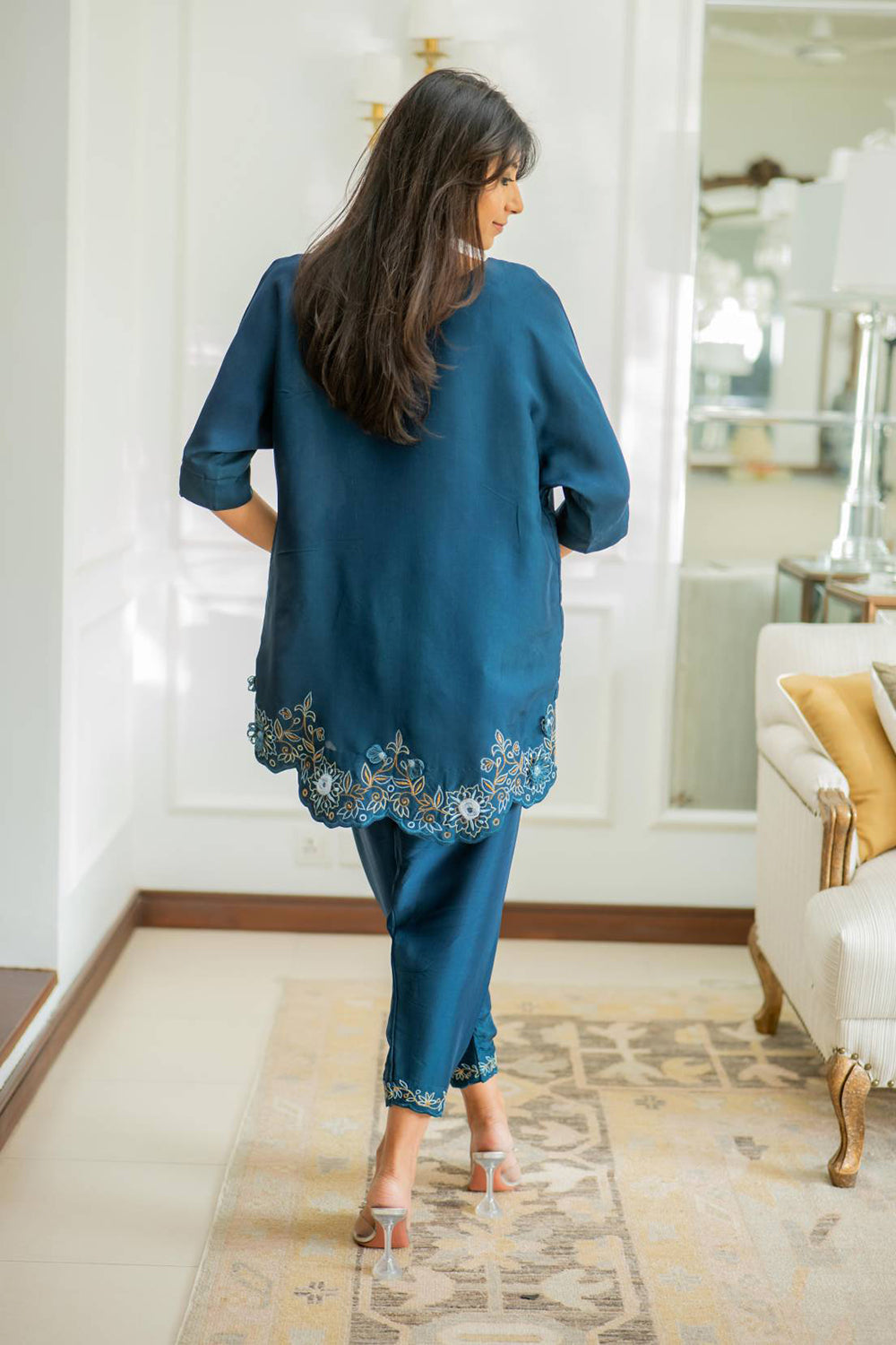 Women Teal Blue Embroidered Co-ord Set with Tulip Pants