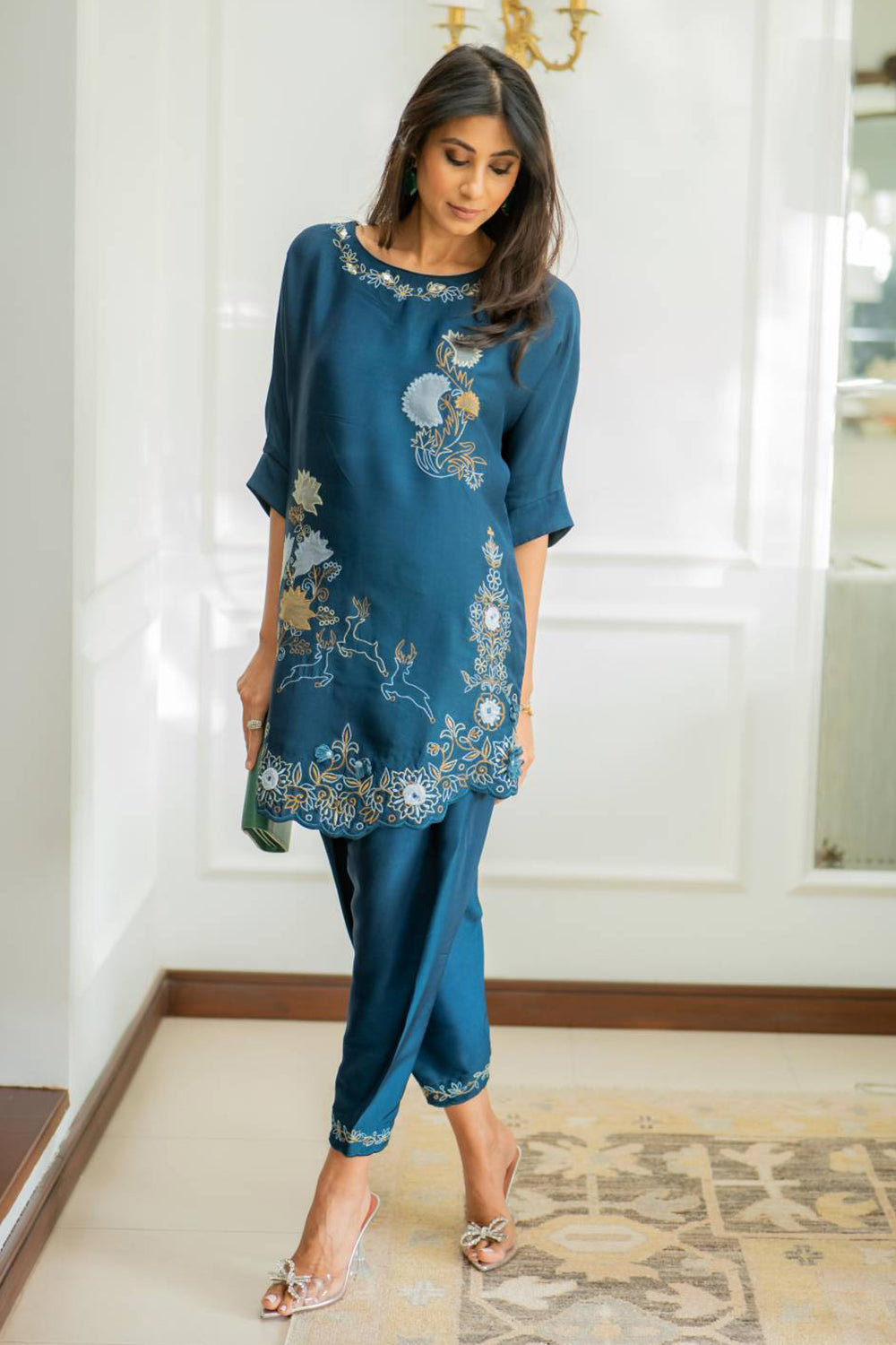 Women Teal Blue Embroidered Co-ord Set with Tulip Pants