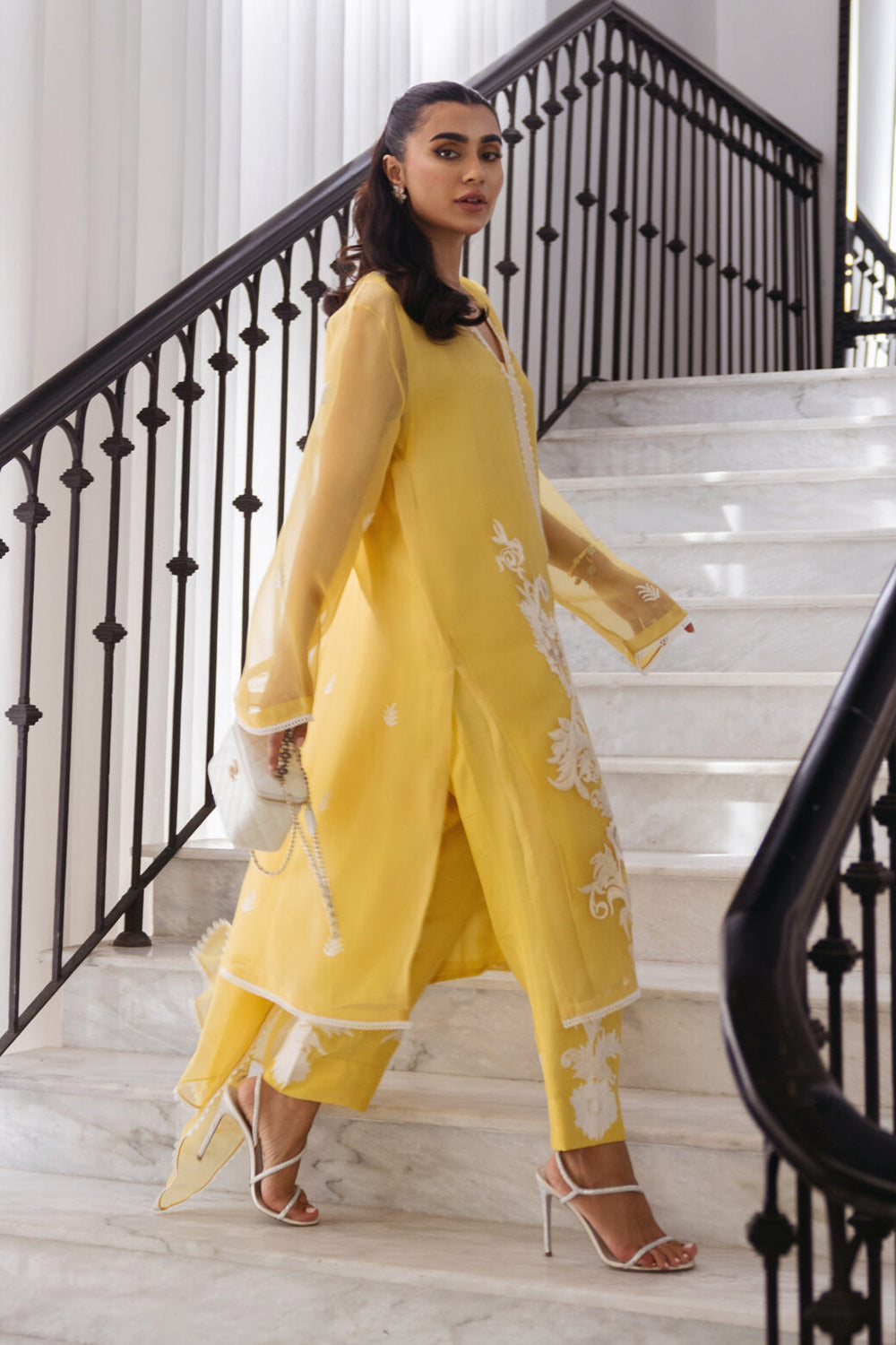 Women Yellow Organza Embroidered Suit Set