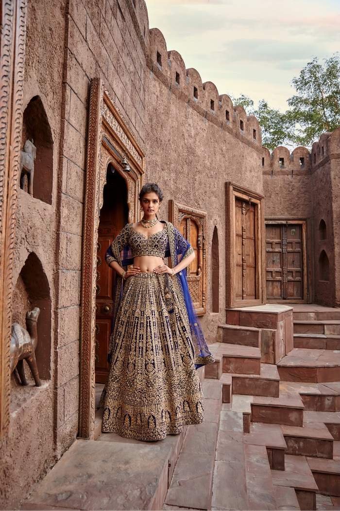 Navy Velvet Lehenga Set With Dori Work