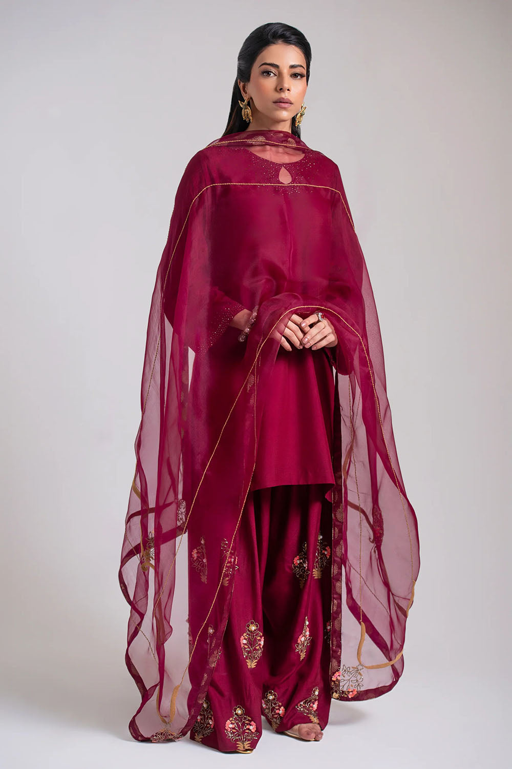Maroon Luxe Embroidered Farshi Suit Set with Dupatta
