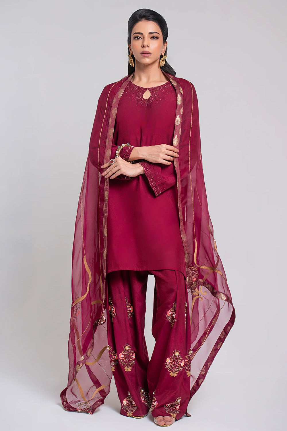 Maroon Luxe Embroidered Farshi Suit Set with Dupatta