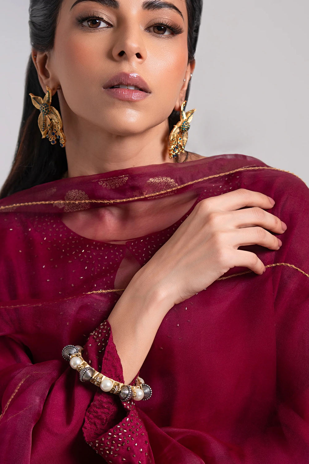Maroon Luxe Embroidered Farshi Suit Set with Dupatta