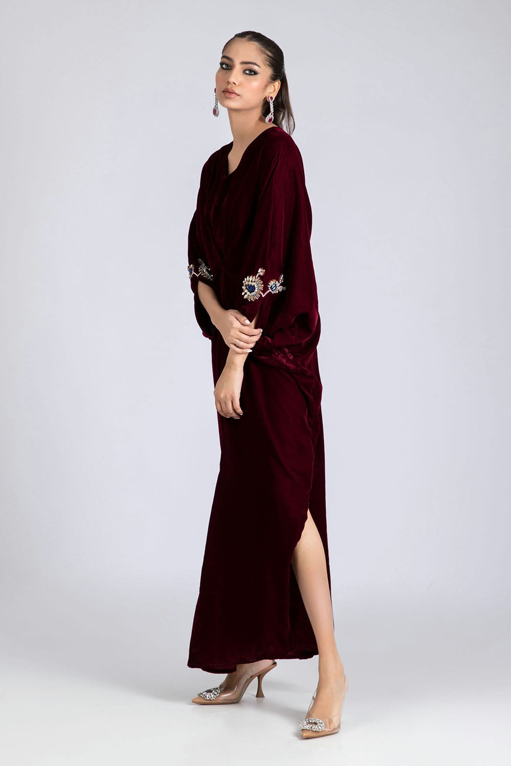Maroon Royale Embellished Velvet Kaftan
