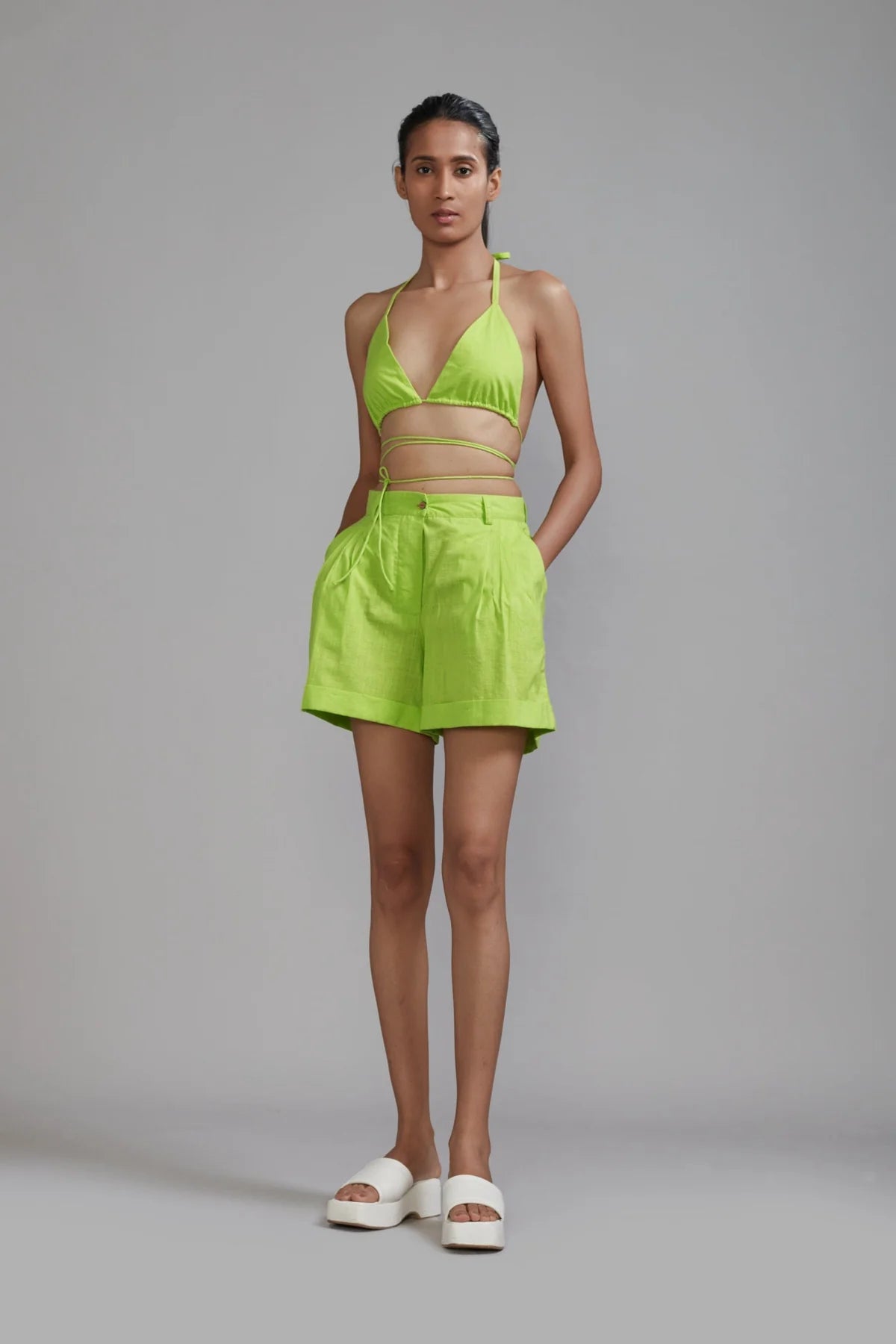 Neon Green Overlap Bralette & Shorts Set (2 PCS)