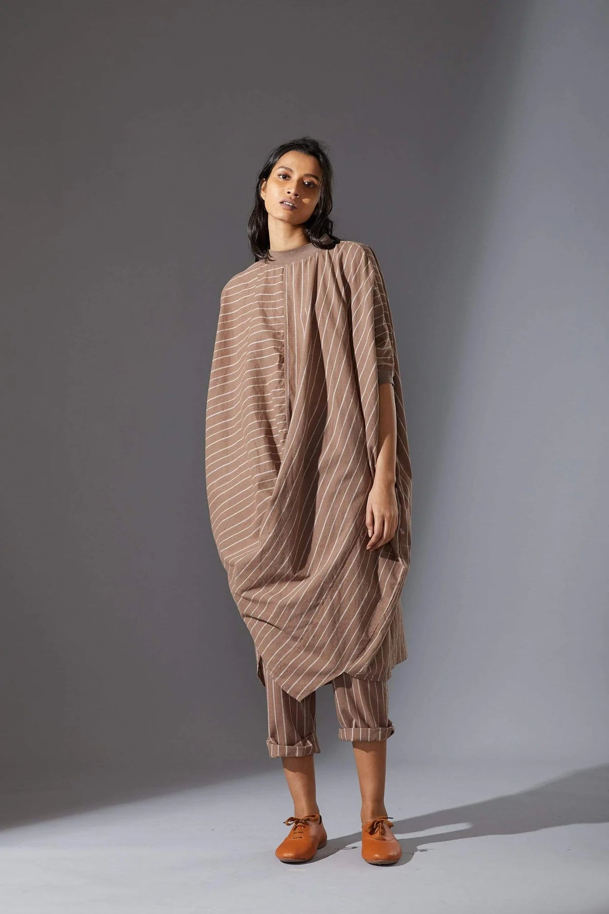 Beige Cowl Tunic With Ribbed Collar