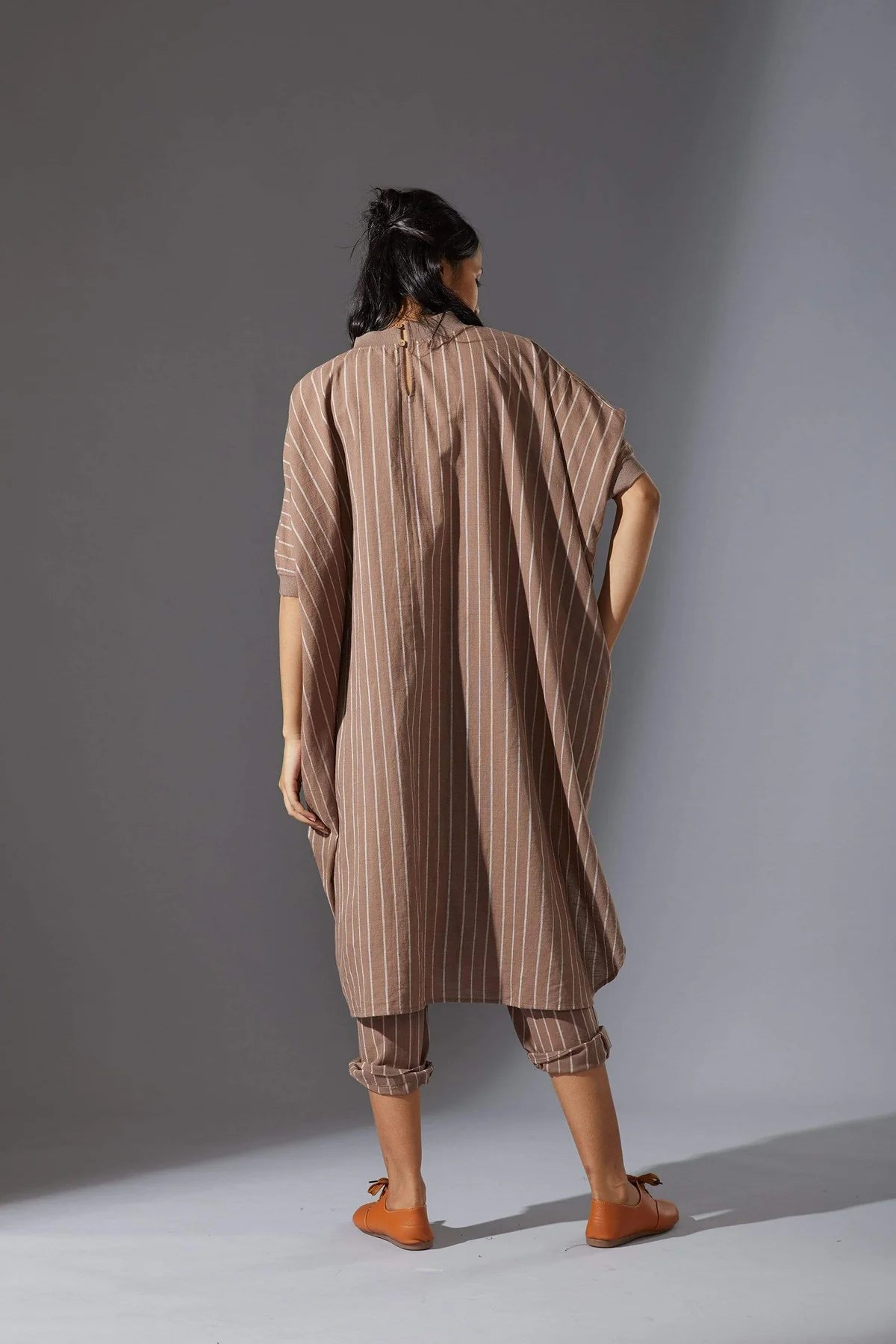 Beige Cowl Tunic With Ribbed Collar