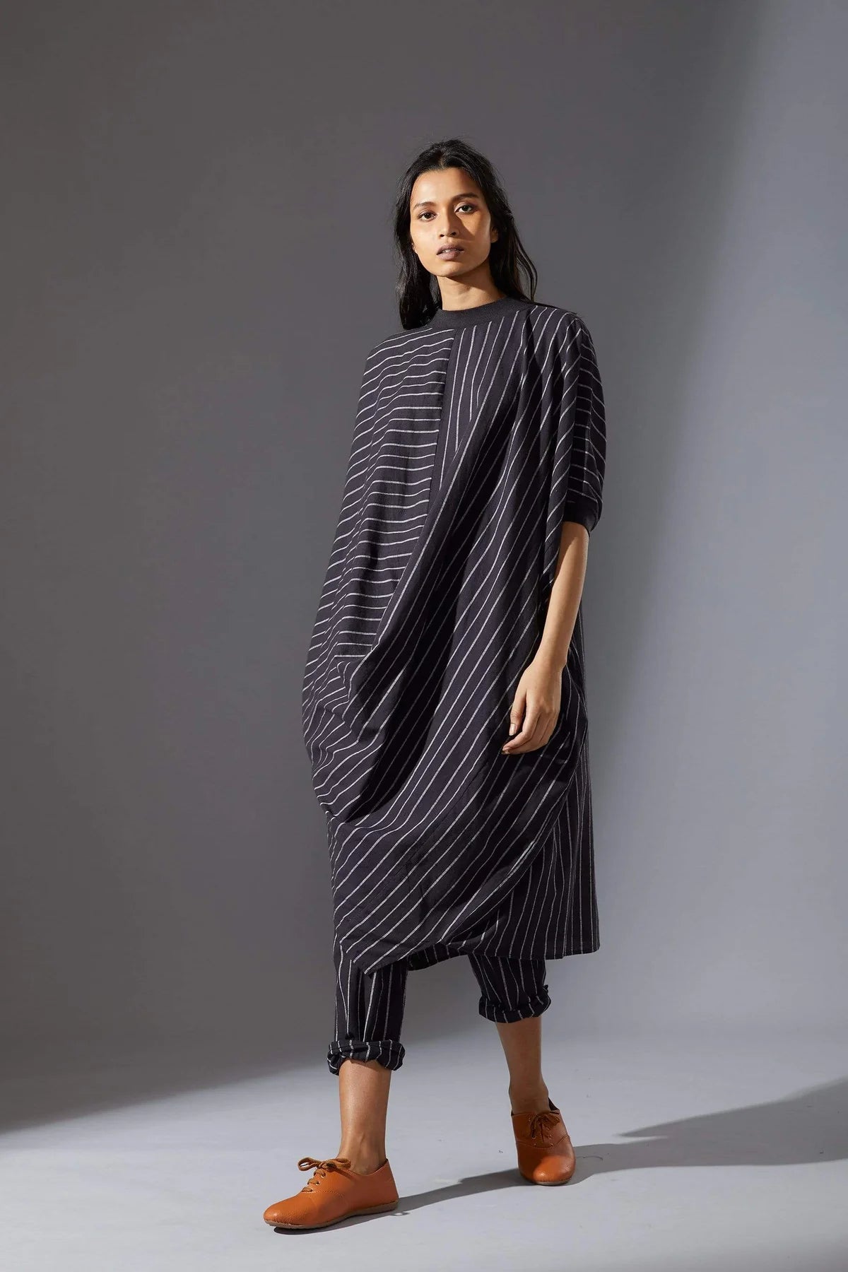 Black Cowl Tunic With Ribbed Collar