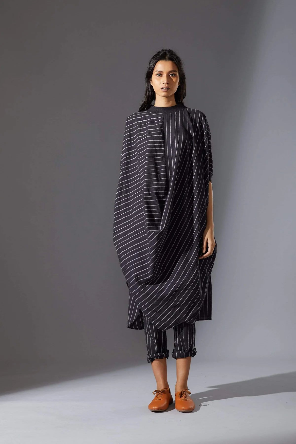 Black Cowl Tunic With Ribbed Collar