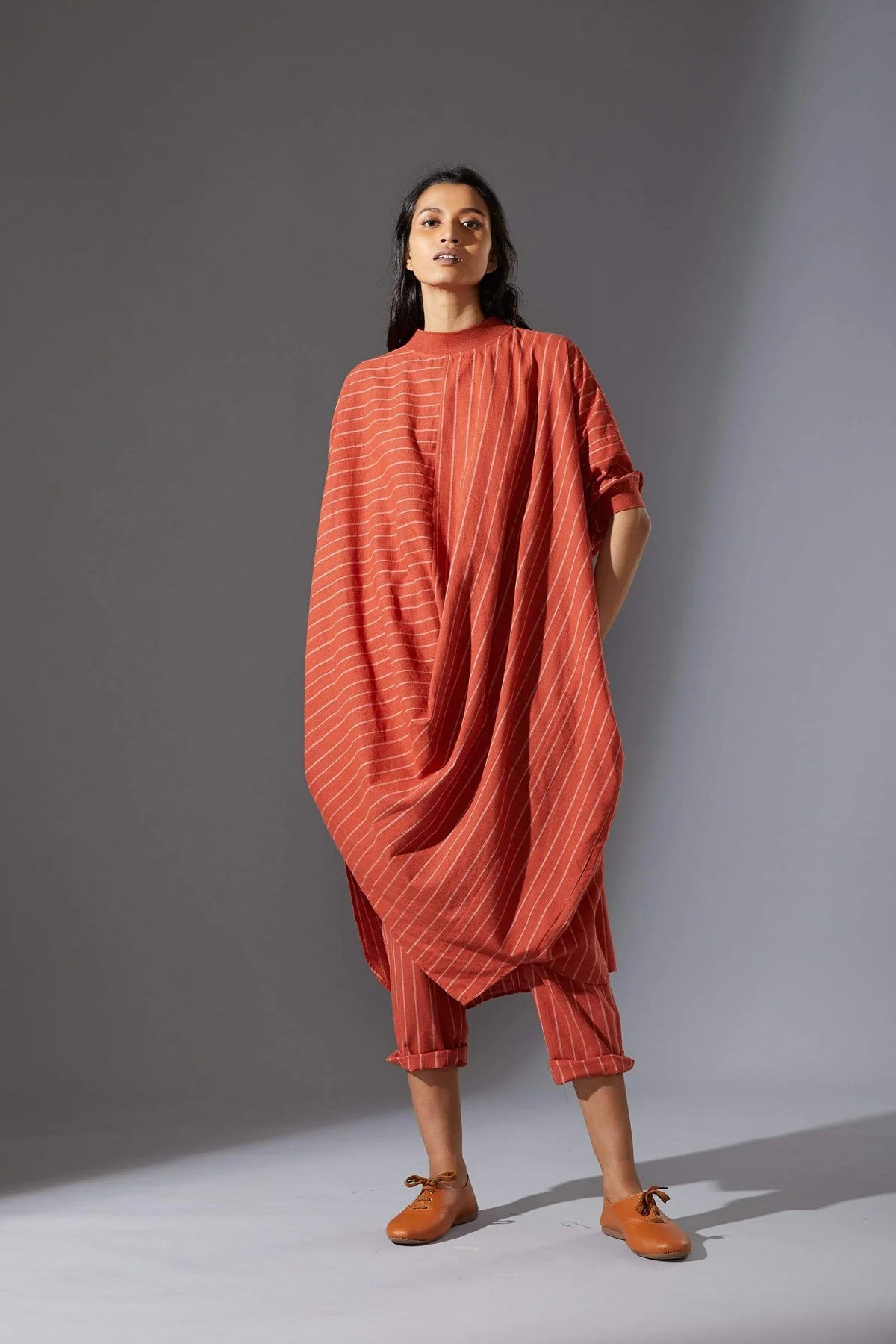 Rust Cowl Tunic With Ribbed Collar