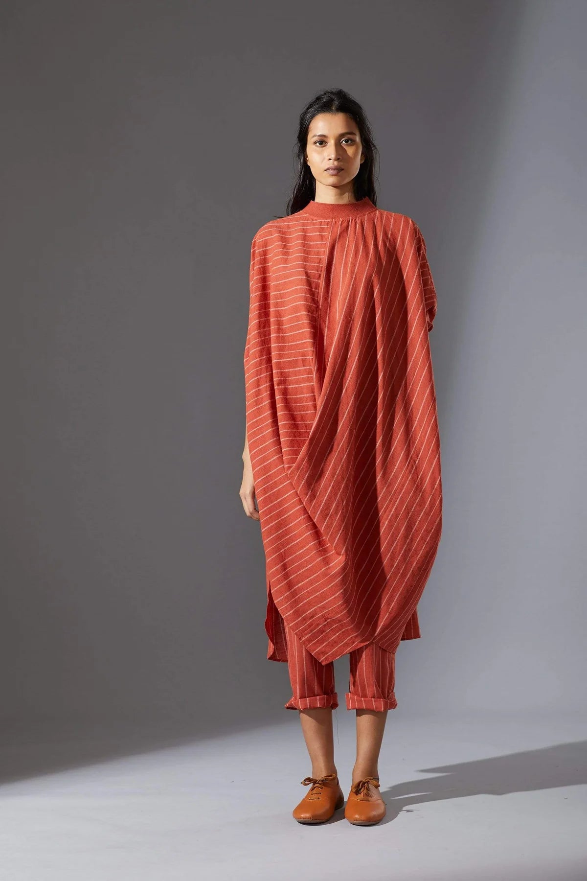 Rust Cowl Tunic With Ribbed Collar