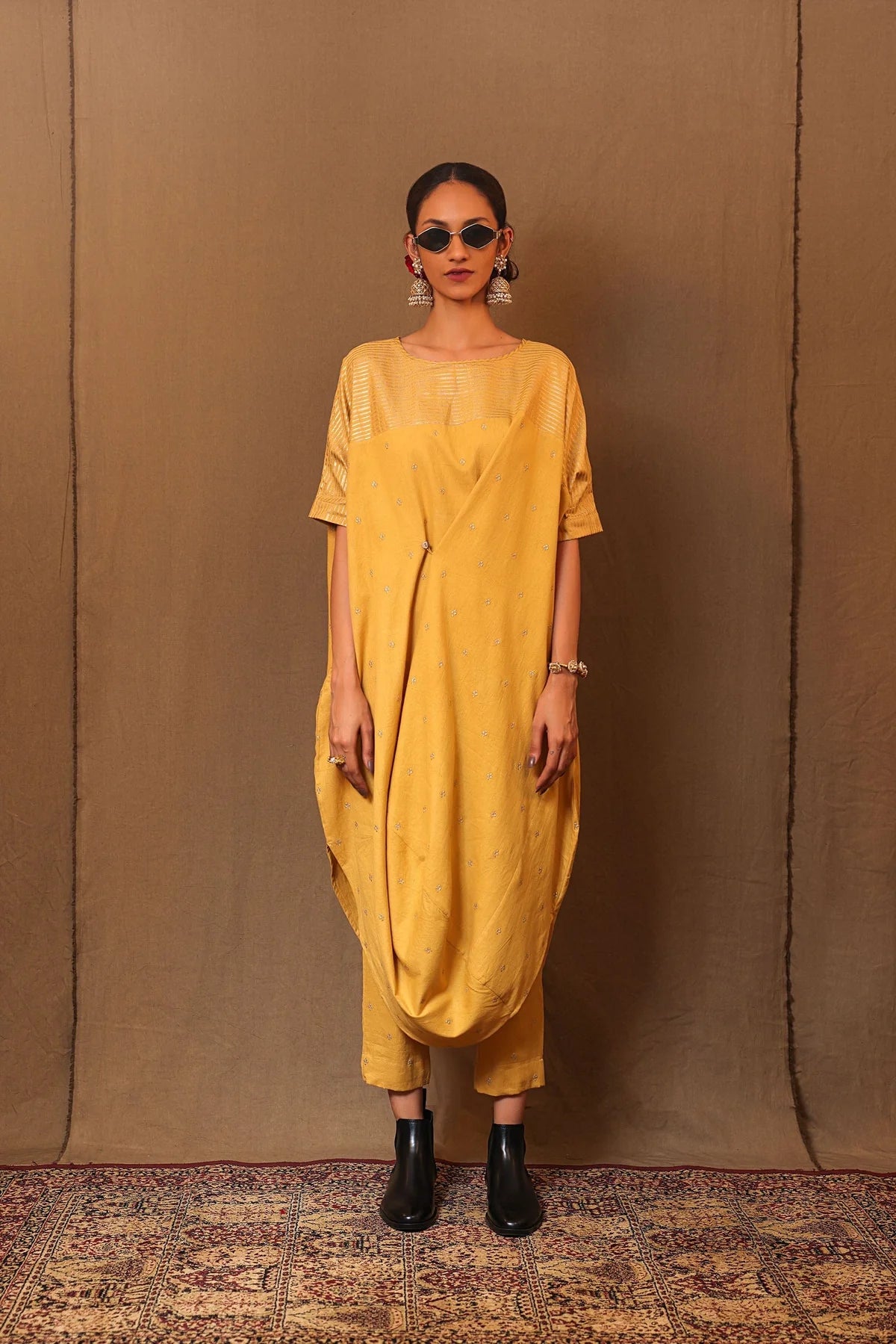Mustard Club EMB Buttoned Cowl Tunic Set (2 PCS)