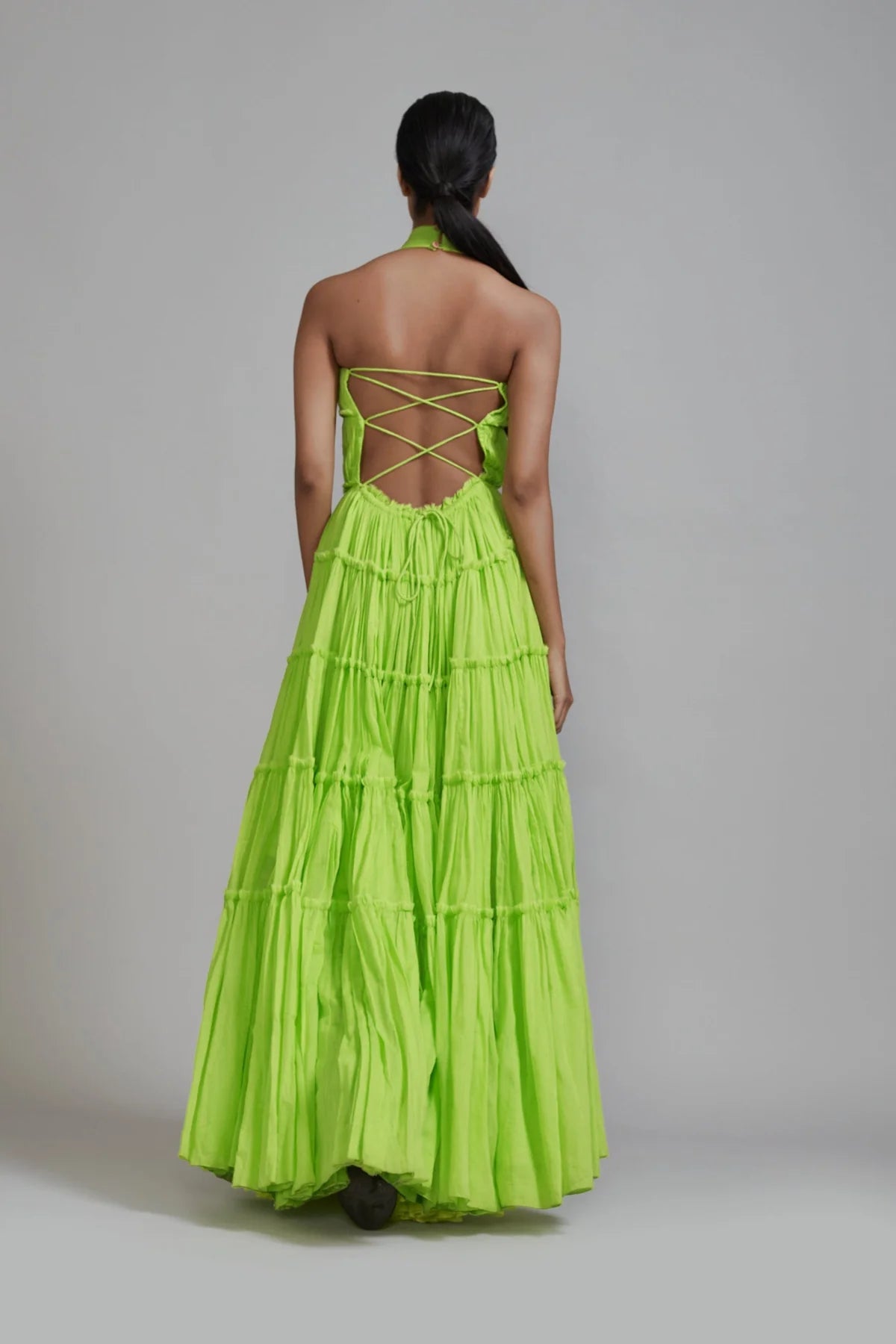 Neon Green Backless Tiered Gown