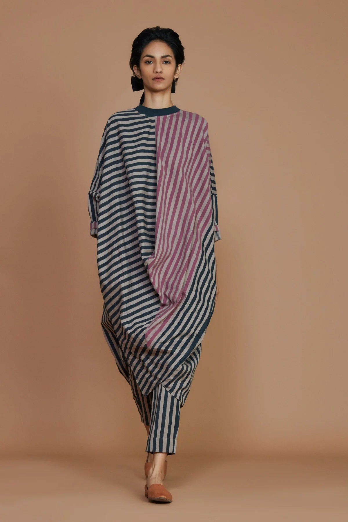 Ribbed Cowl Tunic Striped Ivory Dress