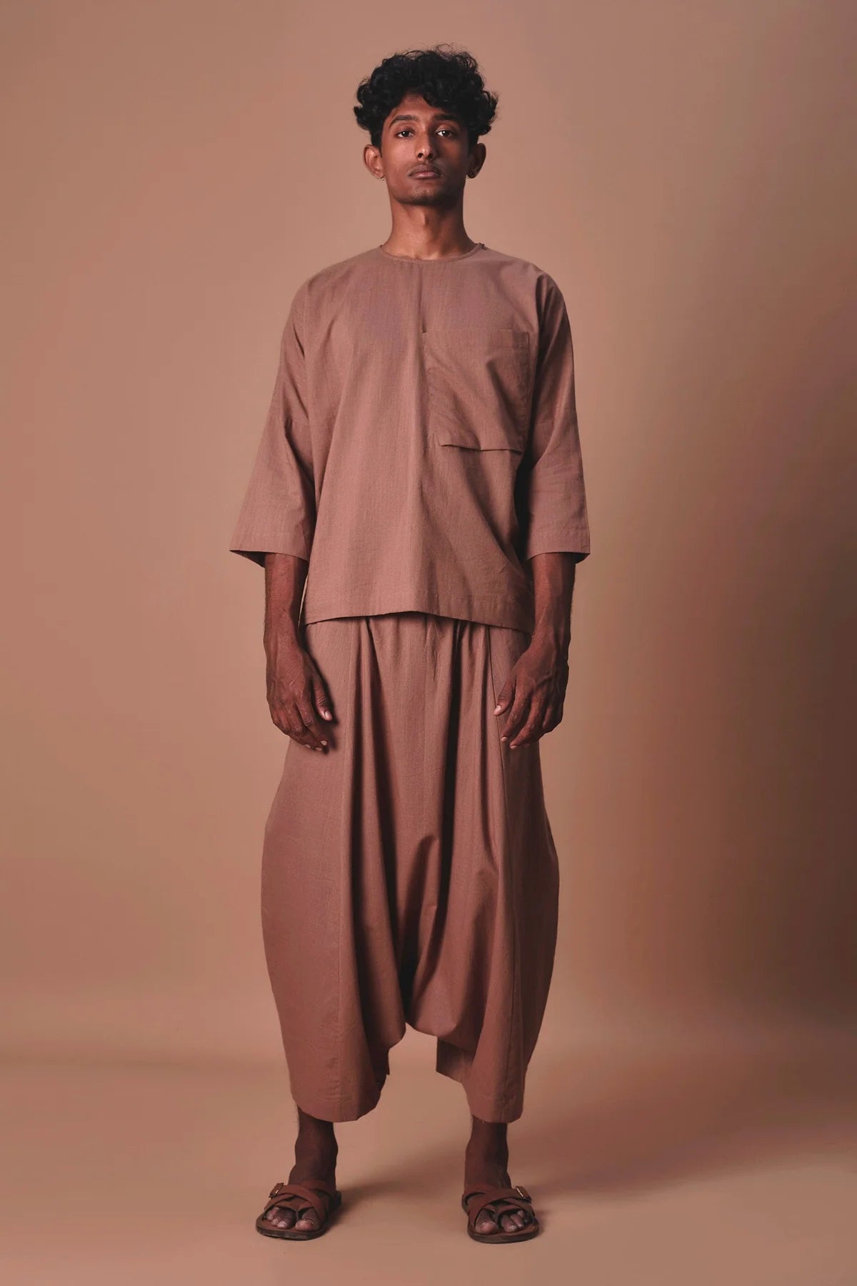 Brown Cross Pocket Top & Harem Pants Set (2 PCS)