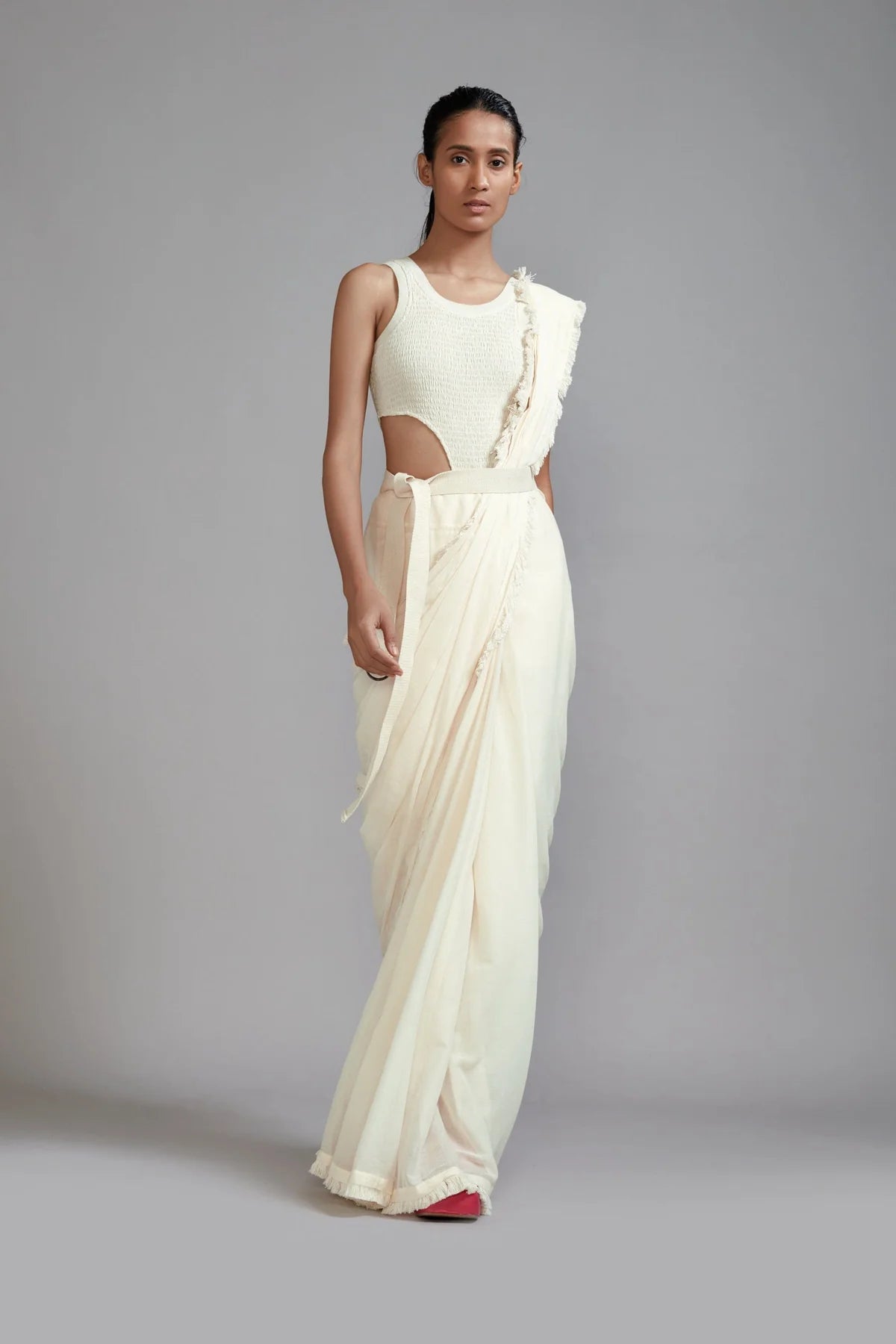 Off-White Fringed Saree