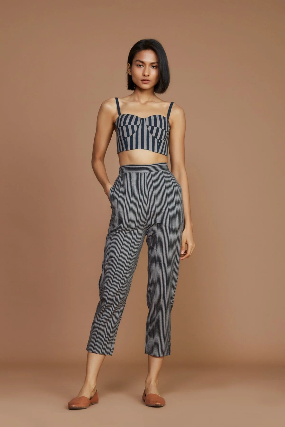 Grey with Charcoal Striped Corset & Pant Co-Ord Set (2 PCS)