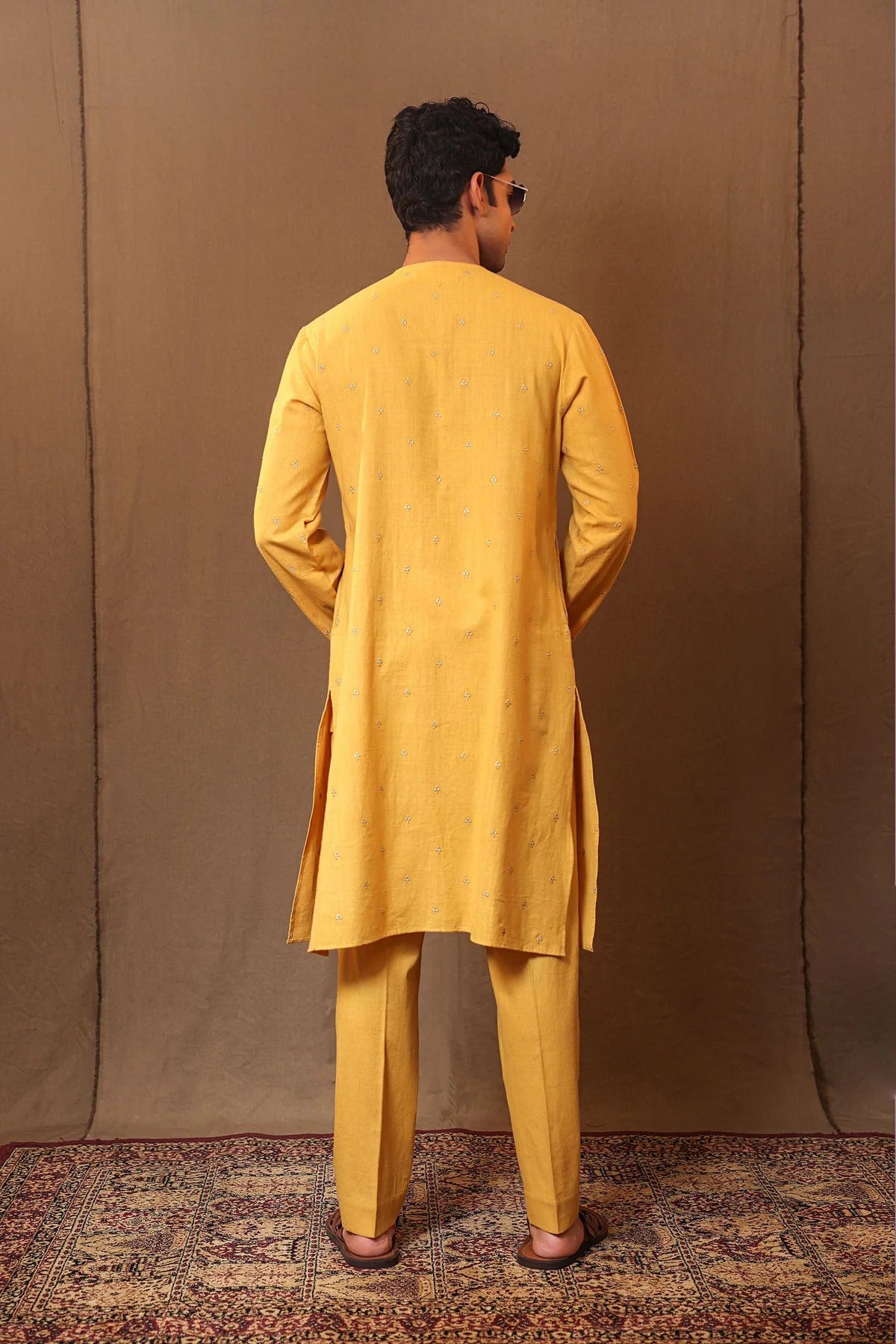 Mustard EMB Zari Clubs SB Cotton Kurta