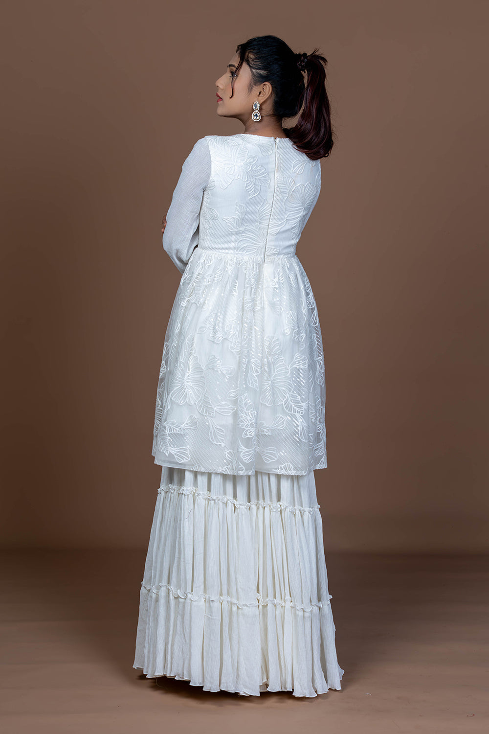 White cotton tiered garara set with short kurta, paired with Kota doria Dupatta