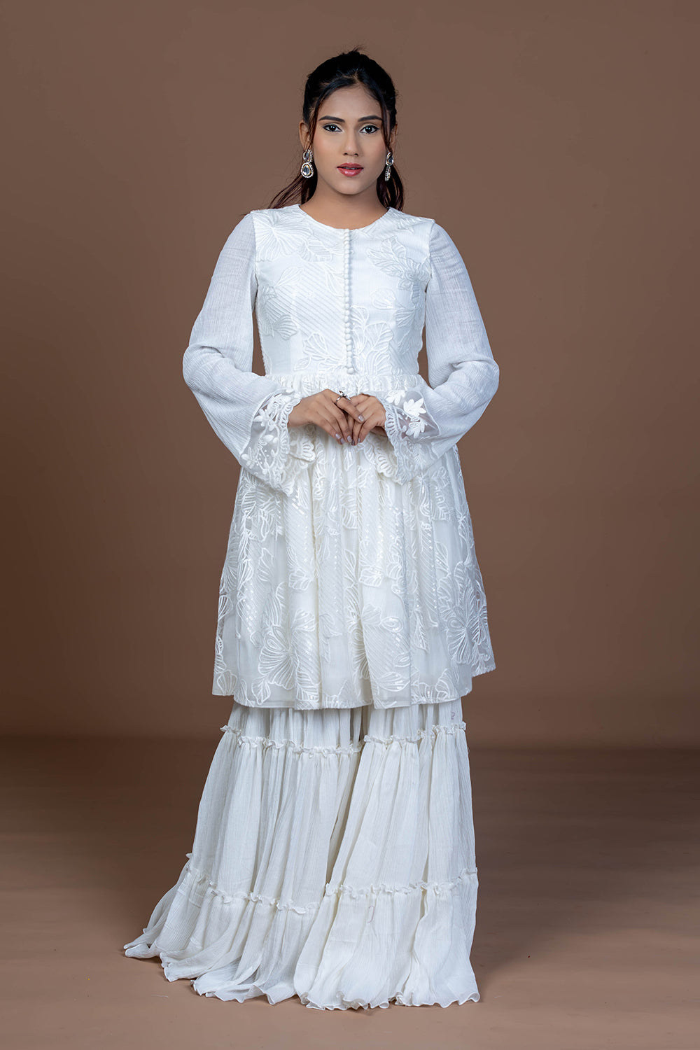 White cotton tiered garara set with short kurta, paired with Kota doria Dupatta