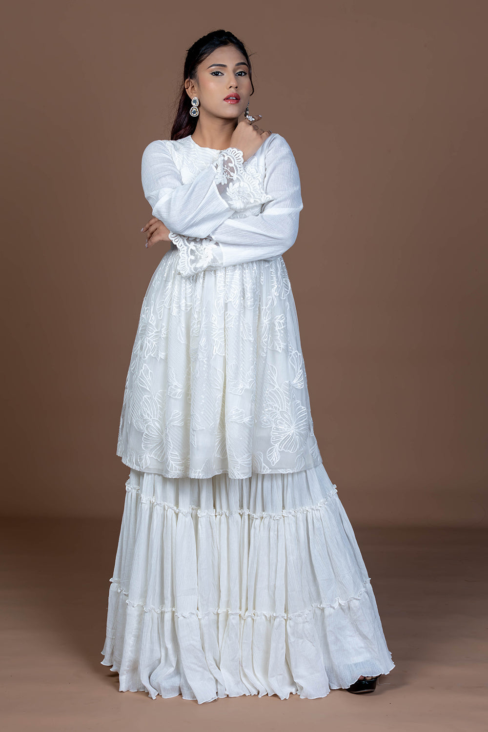 White cotton tiered garara set with short kurta, paired with Kota doria Dupatta