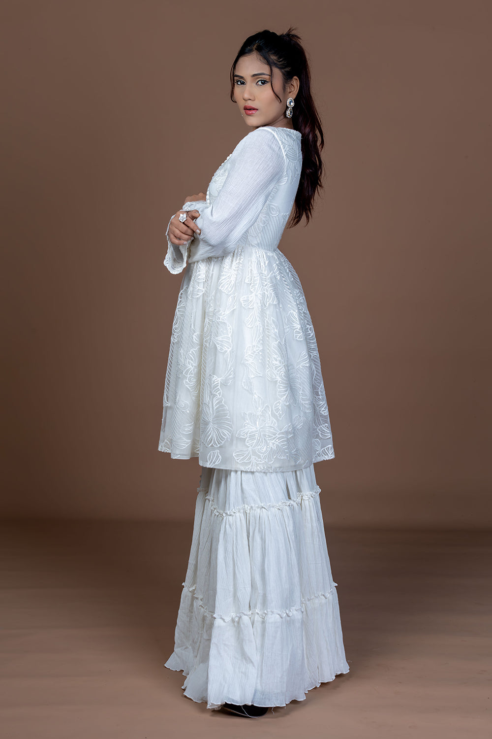 White cotton tiered garara set with short kurta, paired with Kota doria Dupatta
