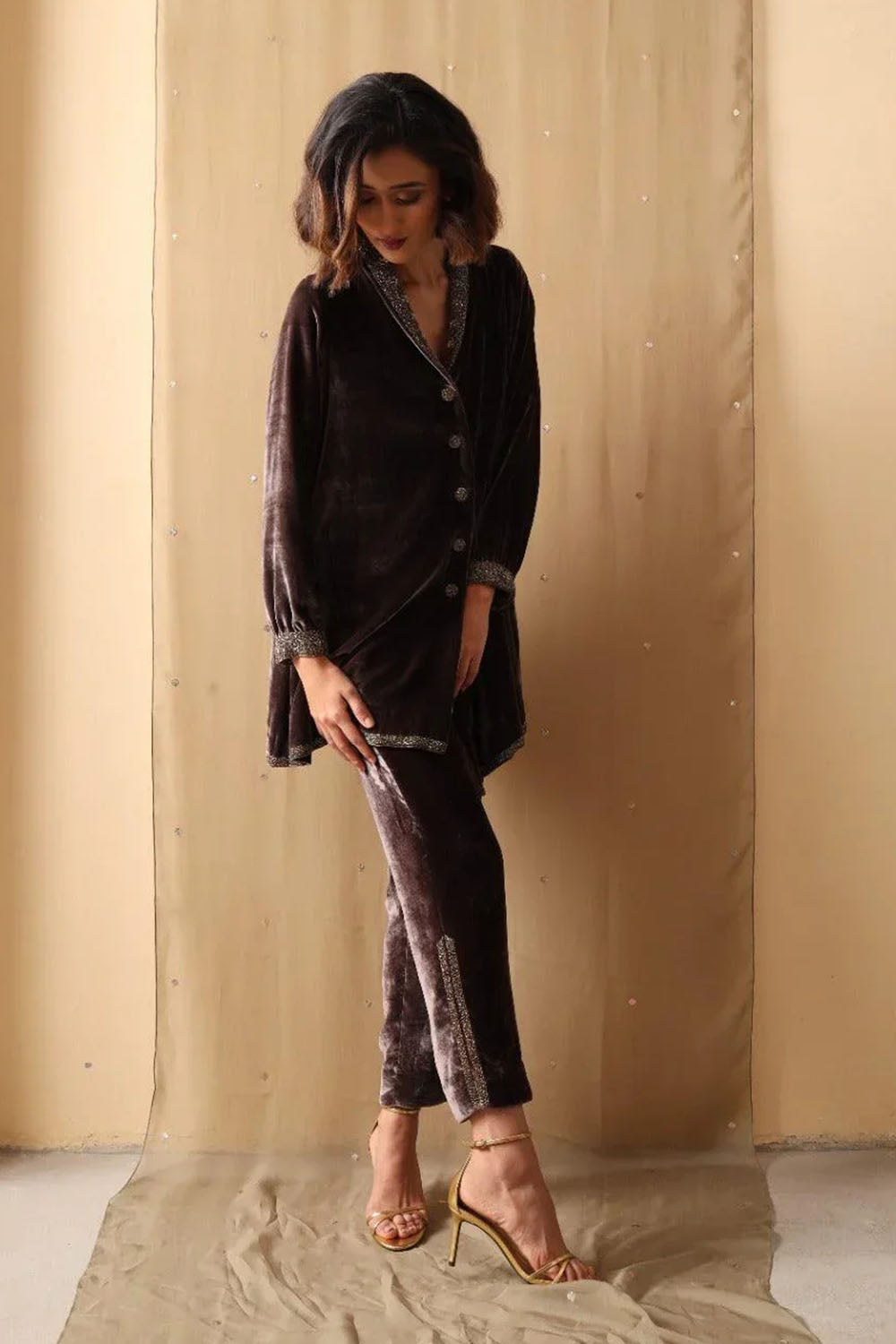 Mocha Luxe Embellished Velvet Co-ord Set