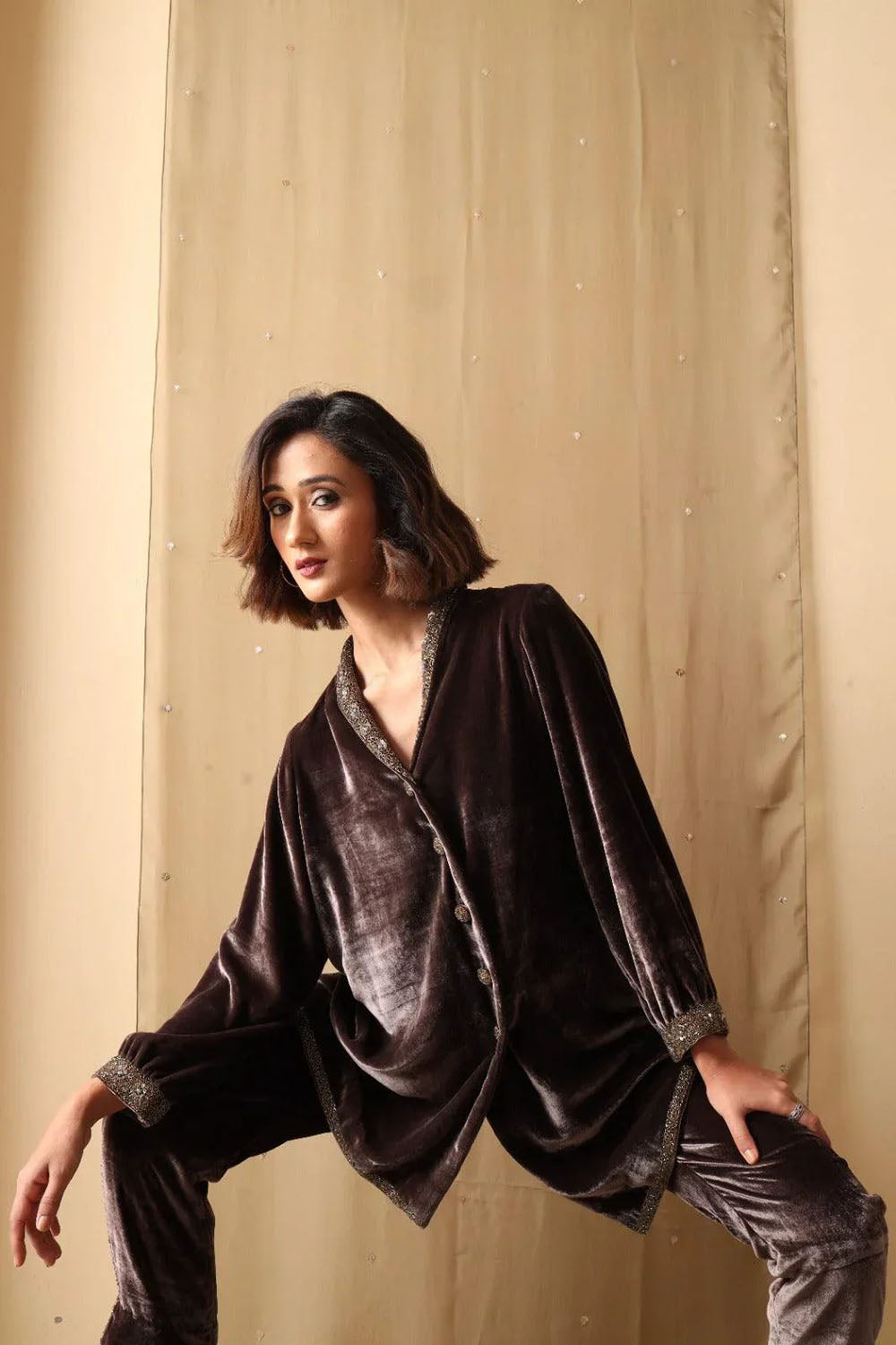 Mocha Luxe Embellished Velvet Co-ord Set