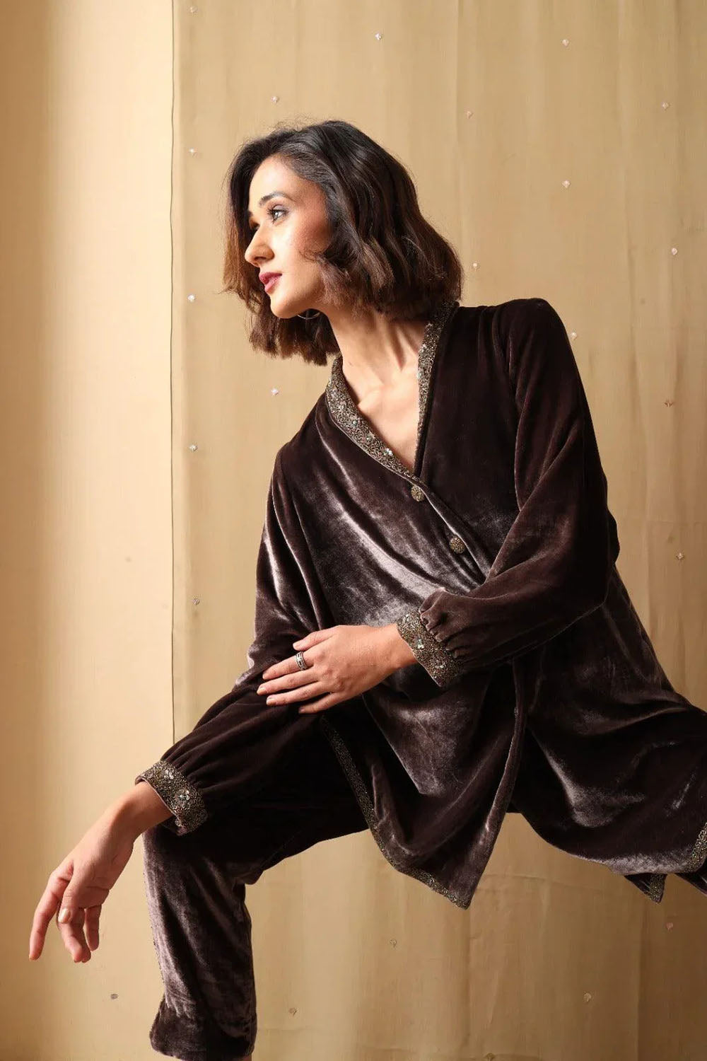 Mocha Luxe Embellished Velvet Co-ord Set