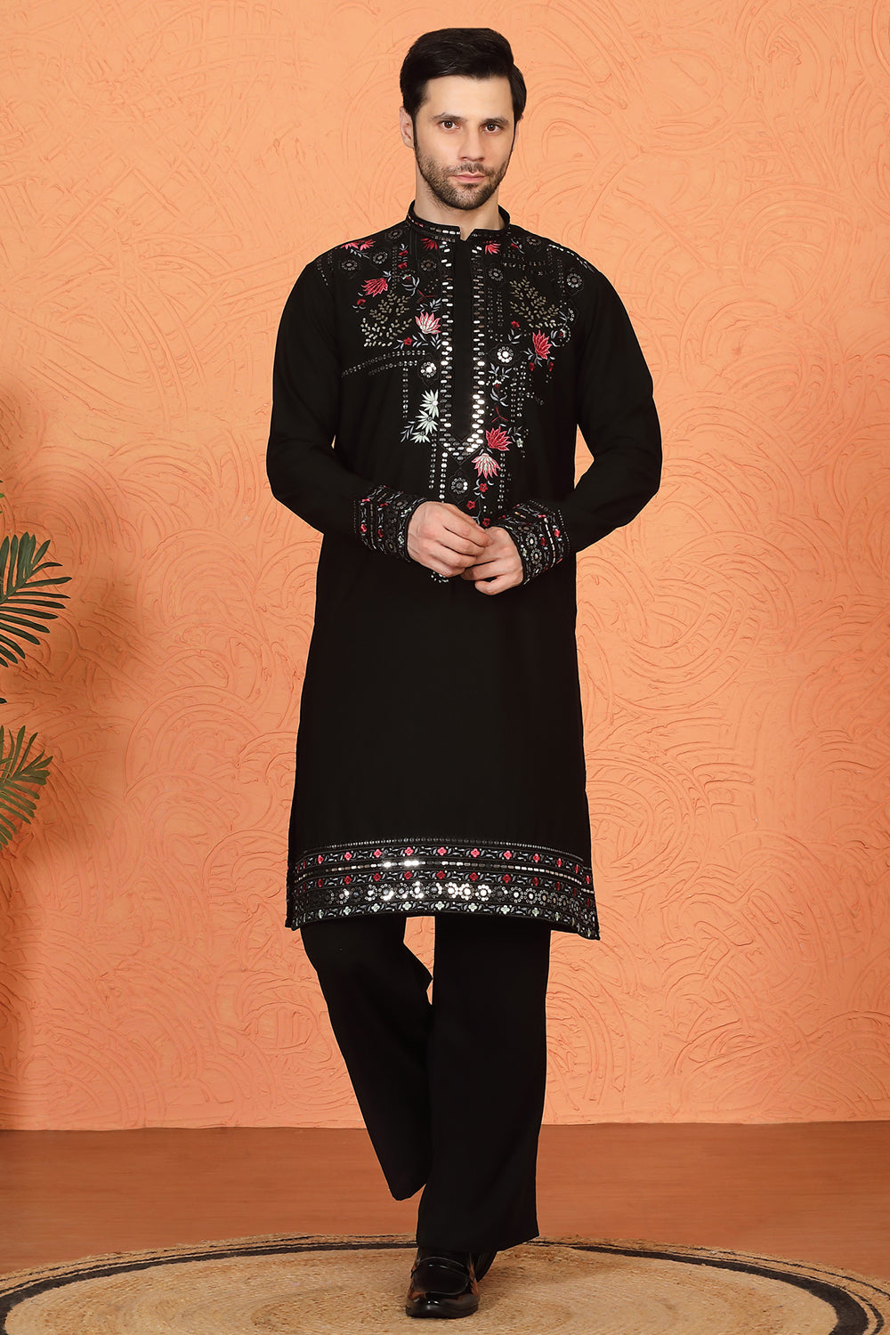Multi Colored Flora Embroidered Kurta with Loose Fit Parallel Matching Pants