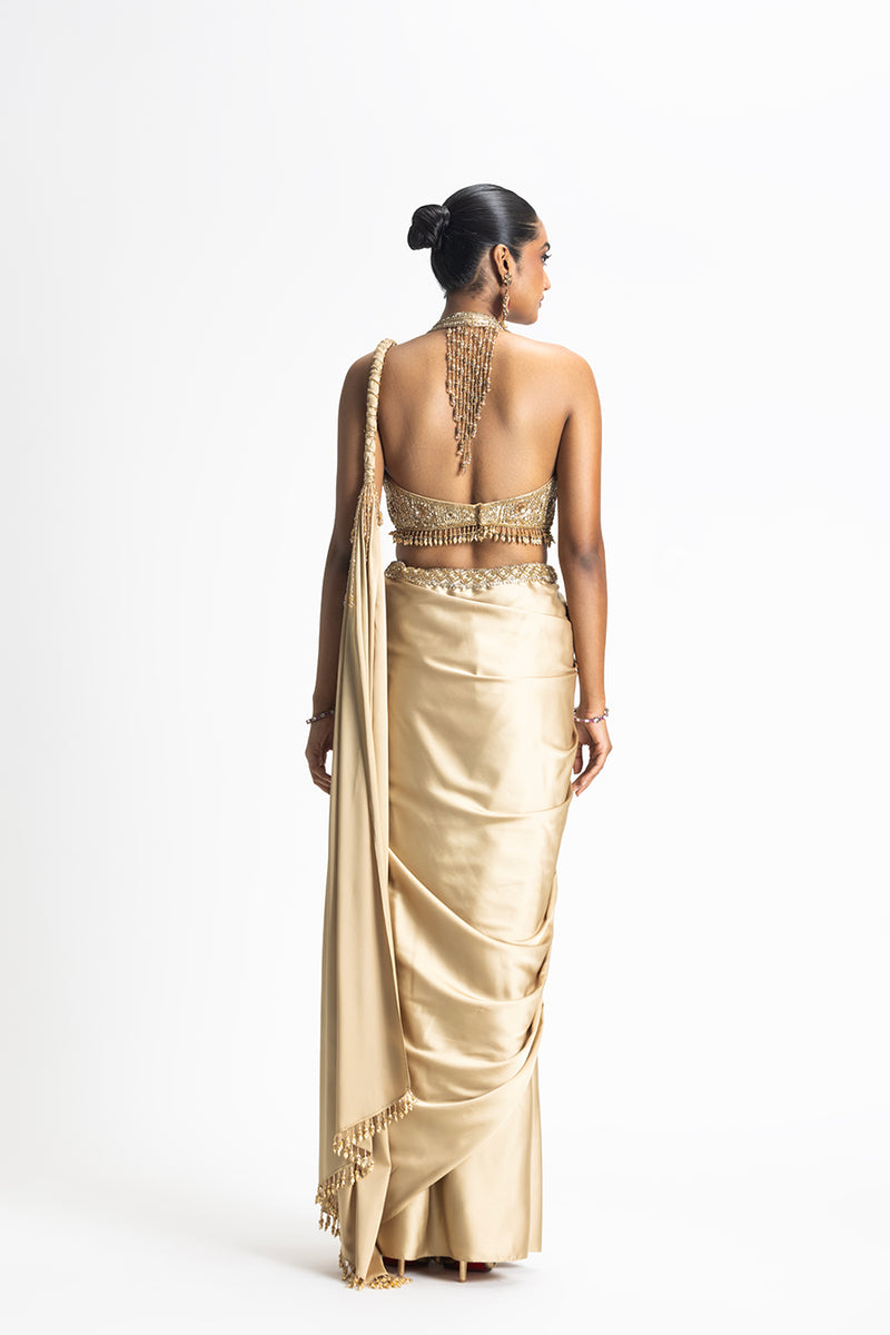 GOLD SATIN PRE DRAPED SAREE
