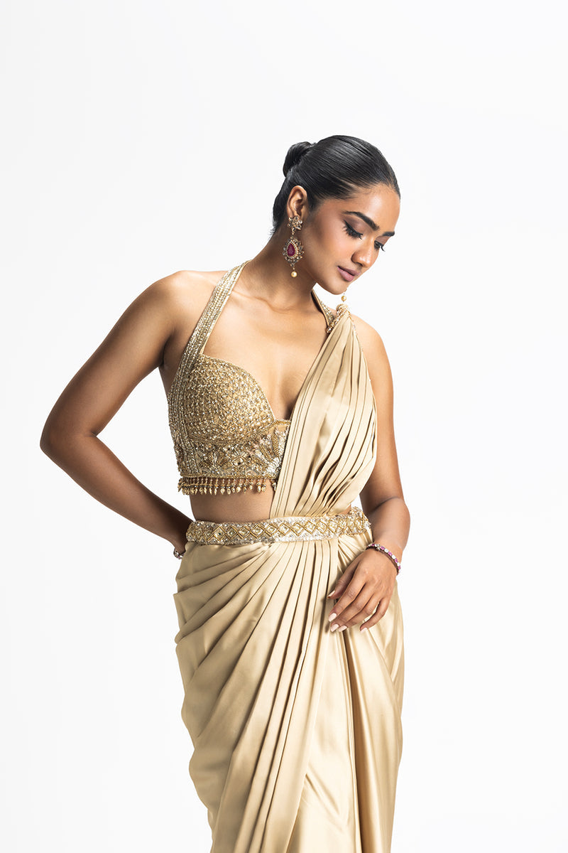 GOLD SATIN PRE DRAPED SAREE