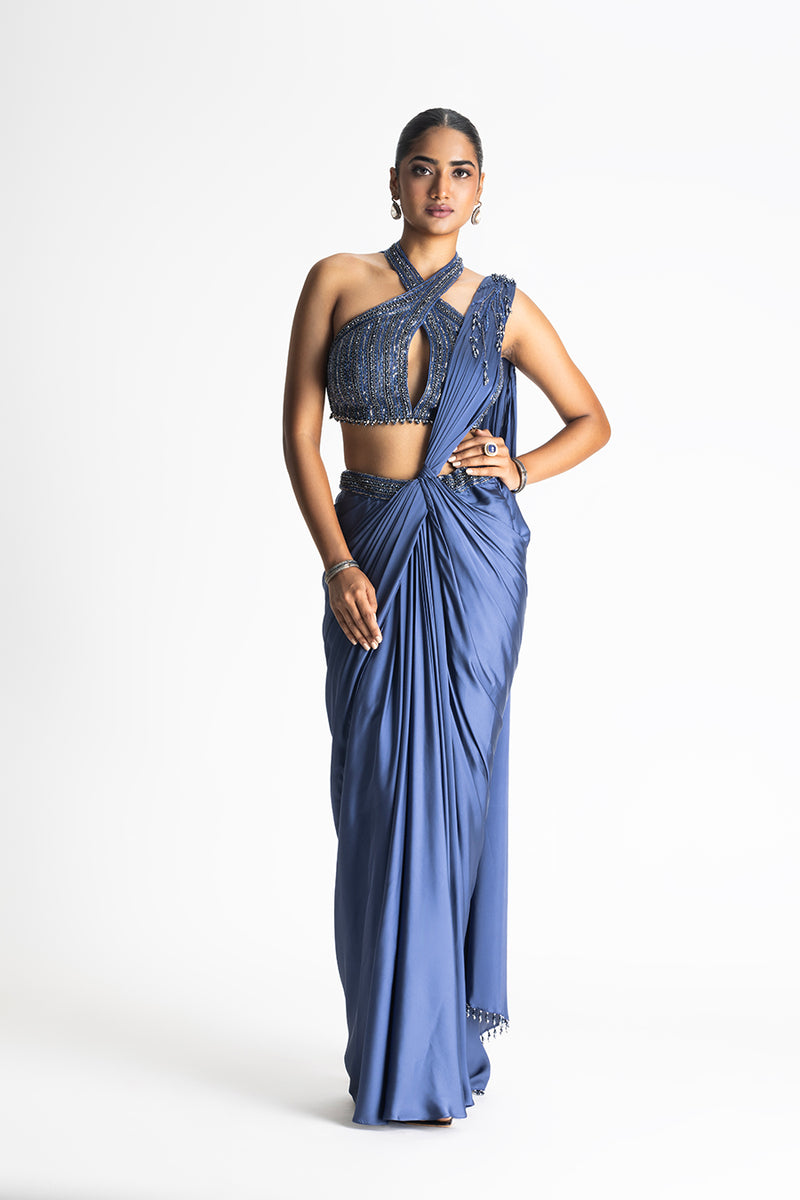 STONE BLUE PRE-DRAPED SATIN SAREE