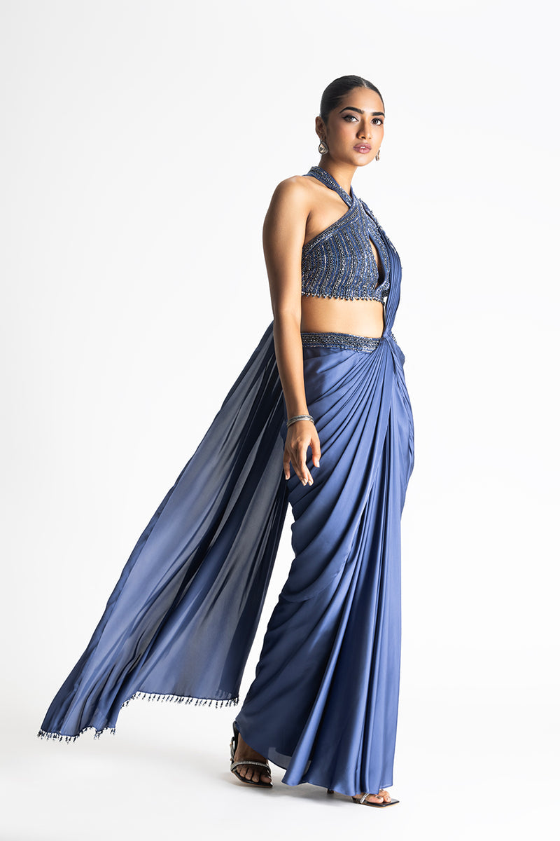 STONE BLUE PRE-DRAPED SATIN SAREE