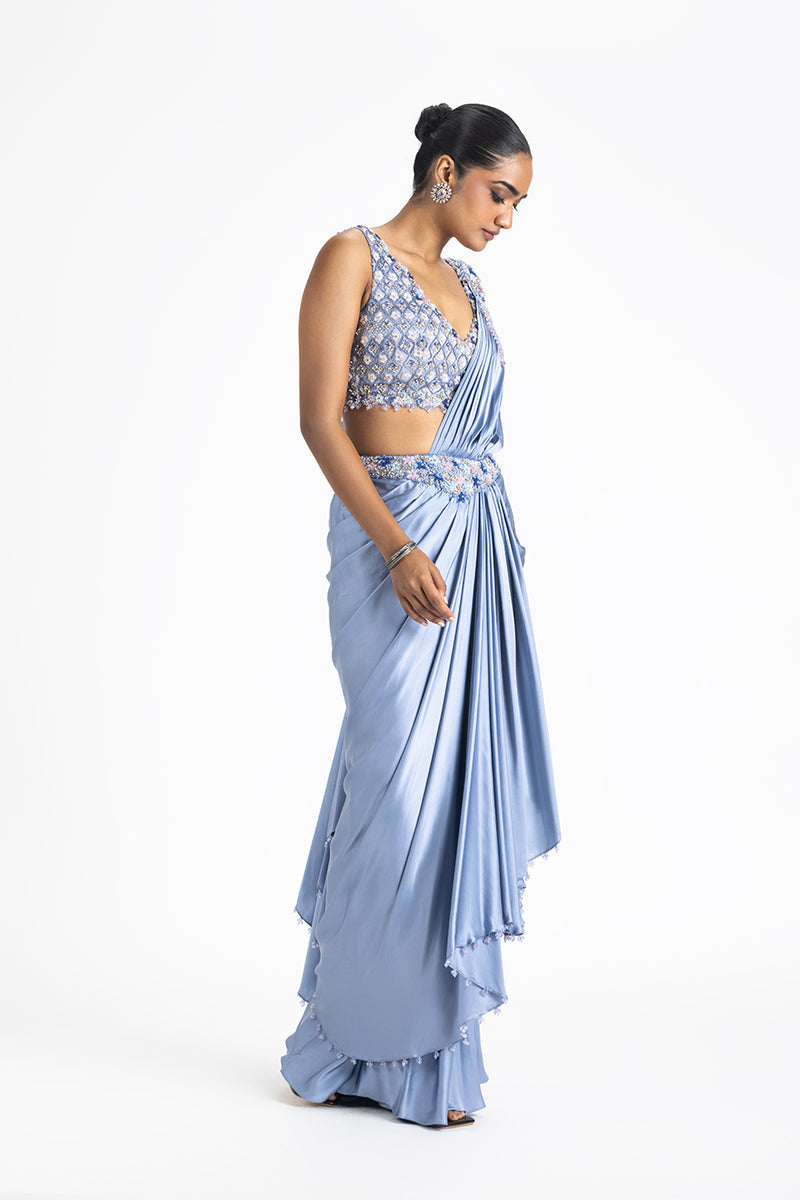 INK BLUE PRE-DRAPED SATIN SAREE