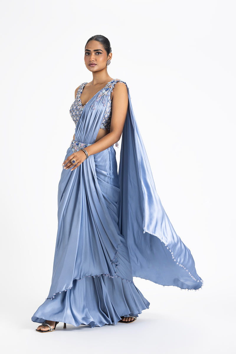 INK BLUE PRE-DRAPED SATIN SAREE