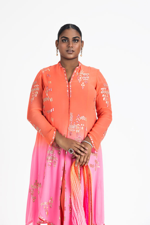 MANGO TO PINK SHADED SHIRT WITH DHOTI AND DUPATTA