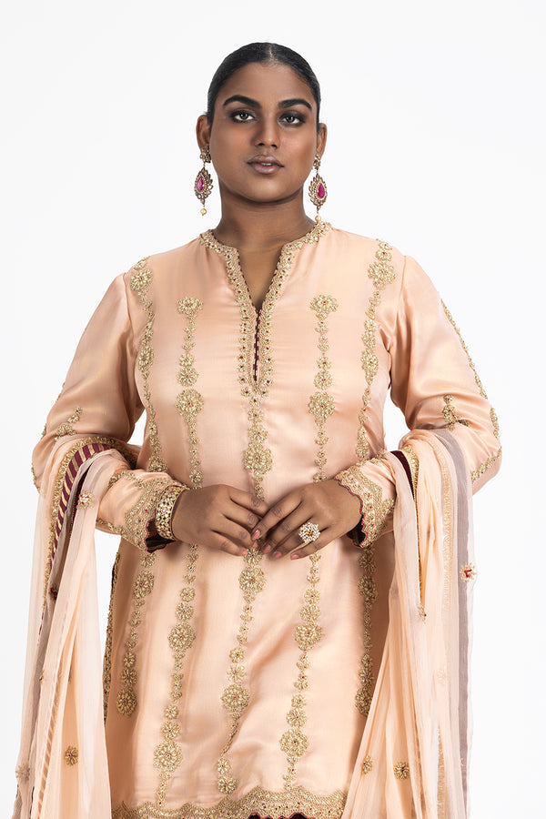 PEACH KURTA WITH MAROON VELVET