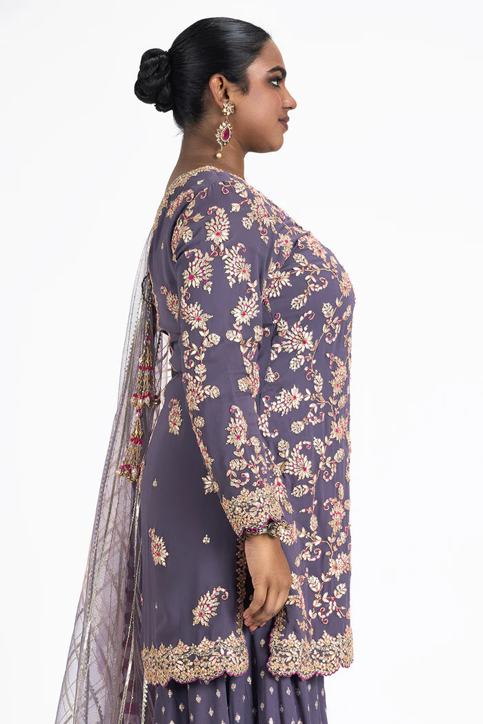 PURPLE GEORGETTE KURTA BENARSI SHARARA AND ORGANZA DUPATTA SET